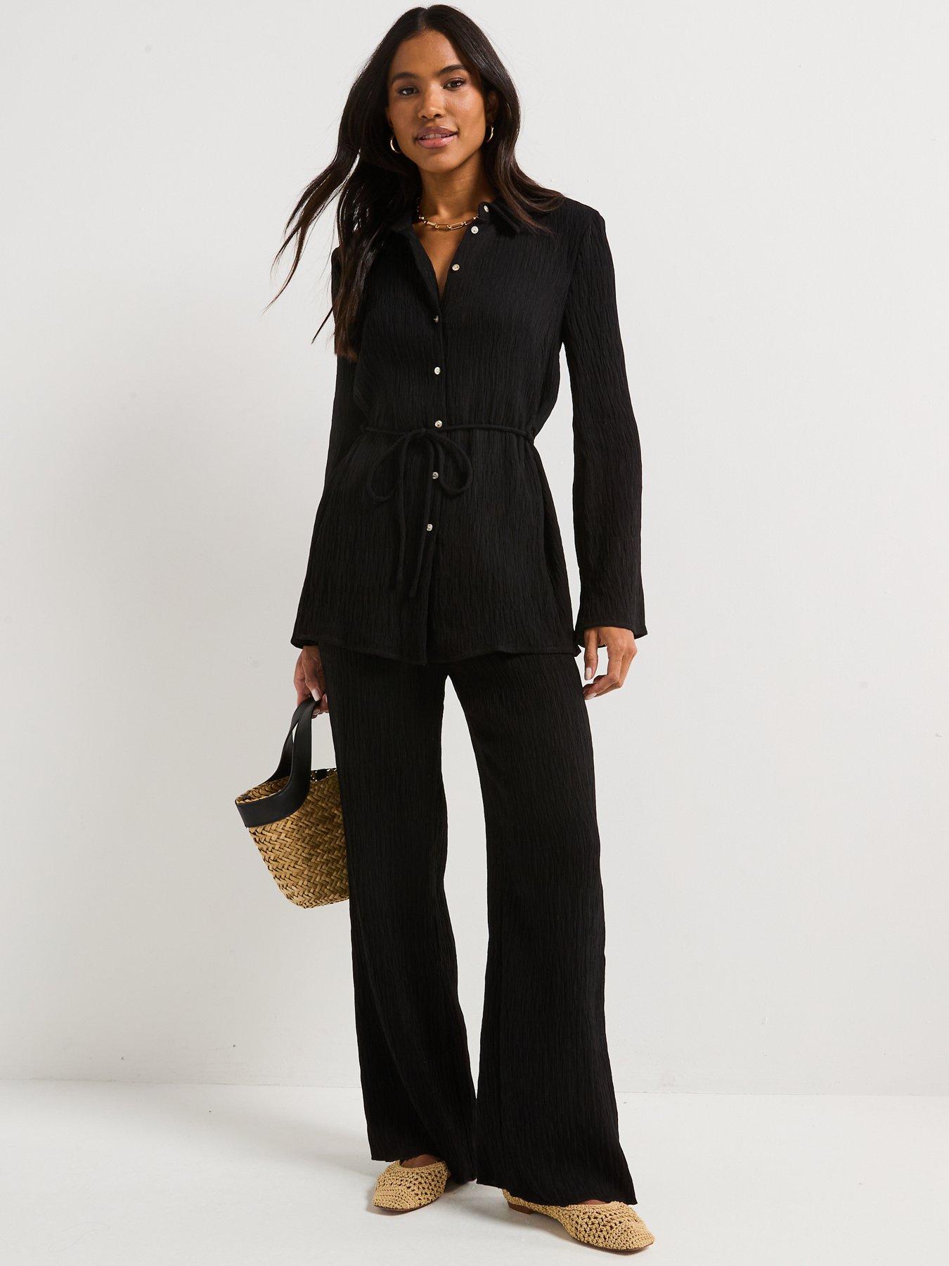 Image 3 of 6 of V by Very Crinkle Tie Waist Longline Shirt - Black