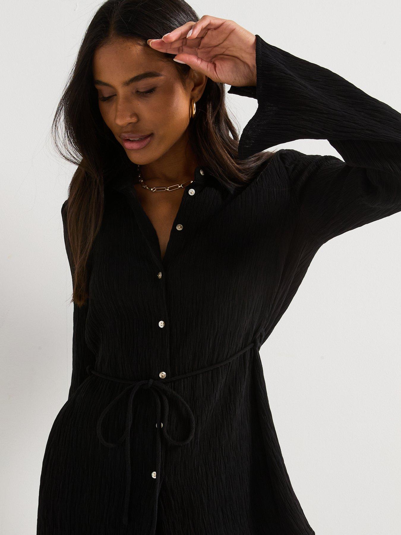 Image 6 of 6 of V by Very Crinkle Tie Waist Longline Shirt - Black