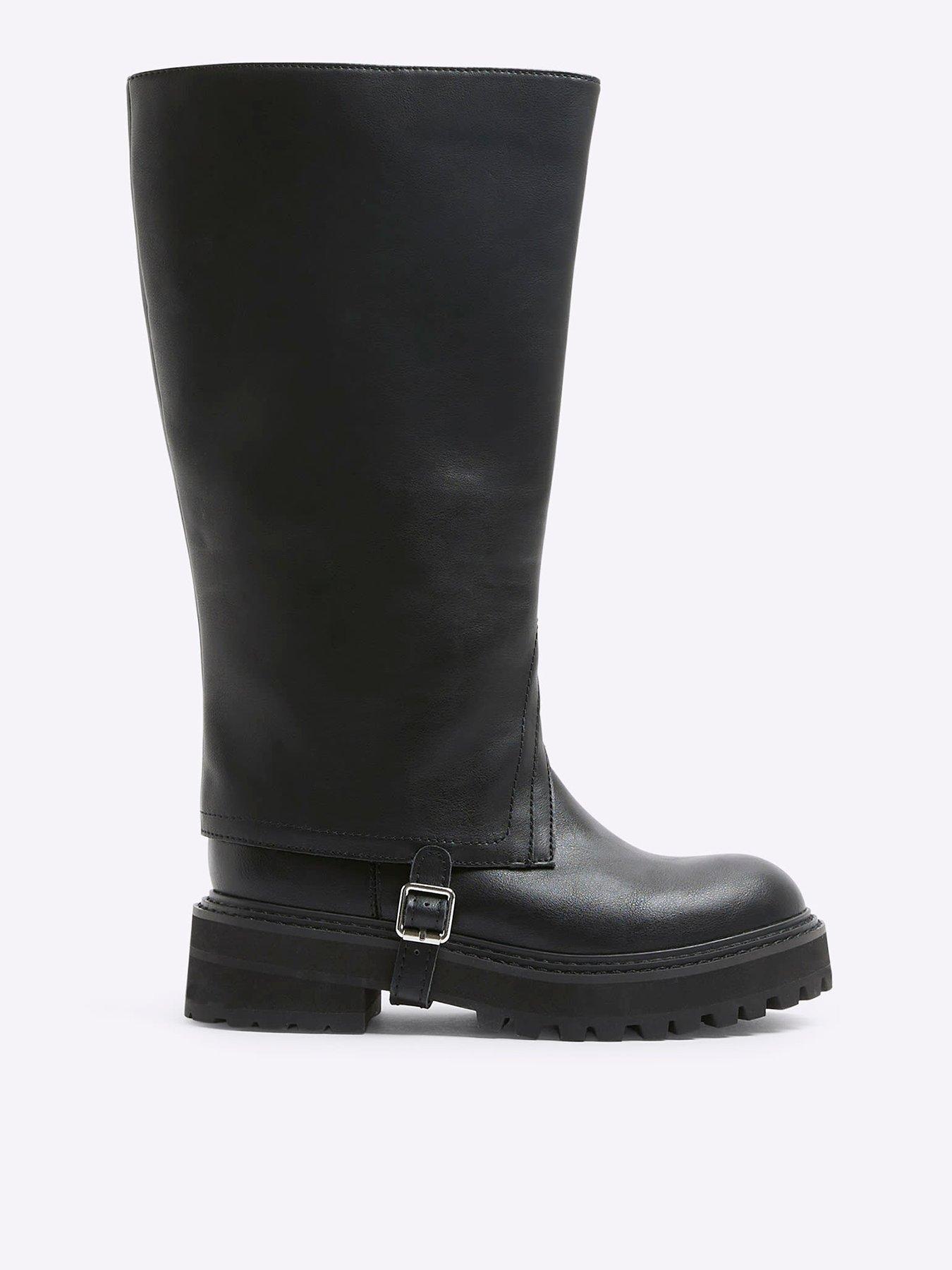 Image 1 of 5 of River Island Buckle Detail High Leg Boot - Black