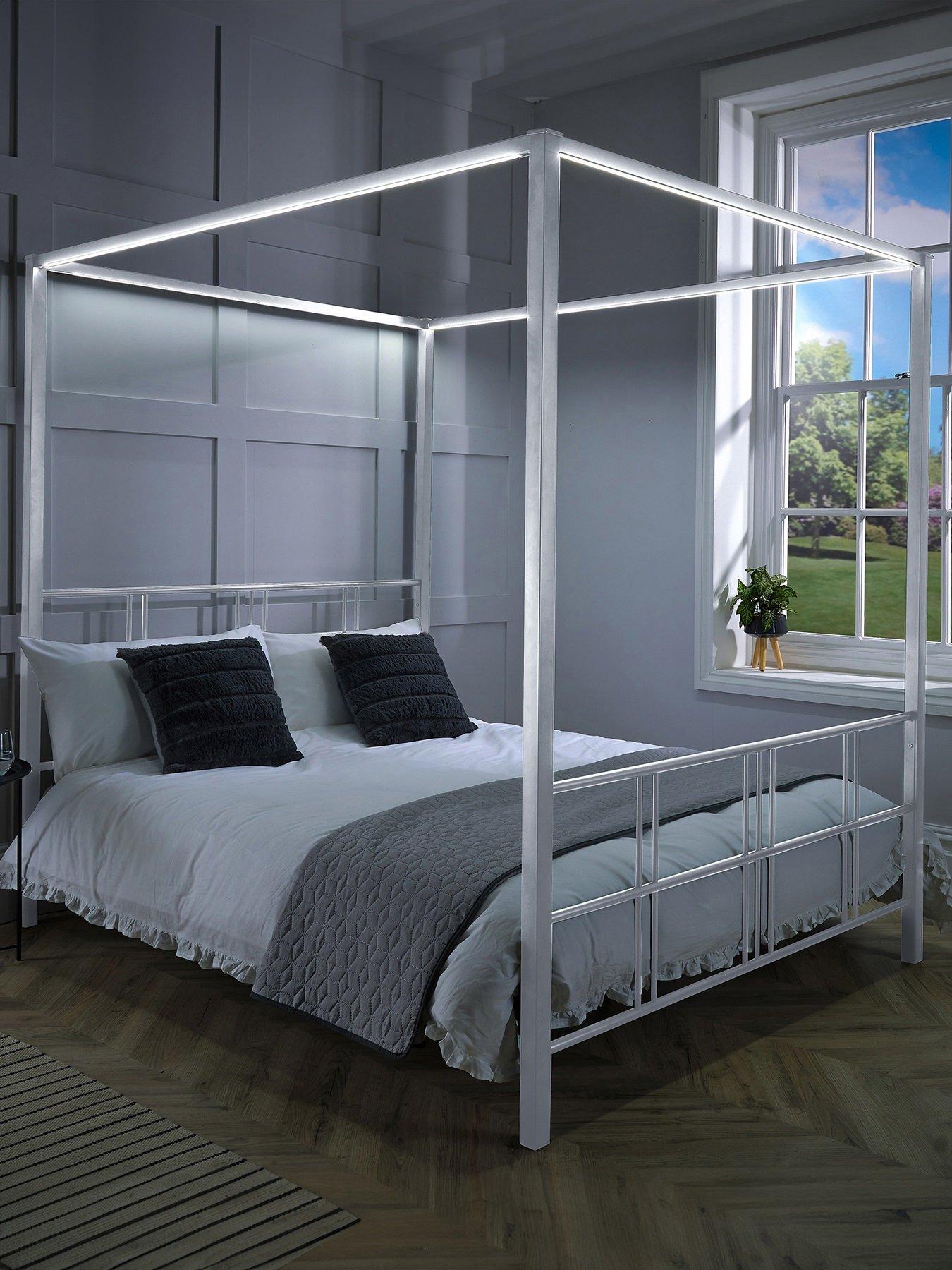 xr-living-fern-four-poster-canopy-bed-frame-with-led-lighting-white