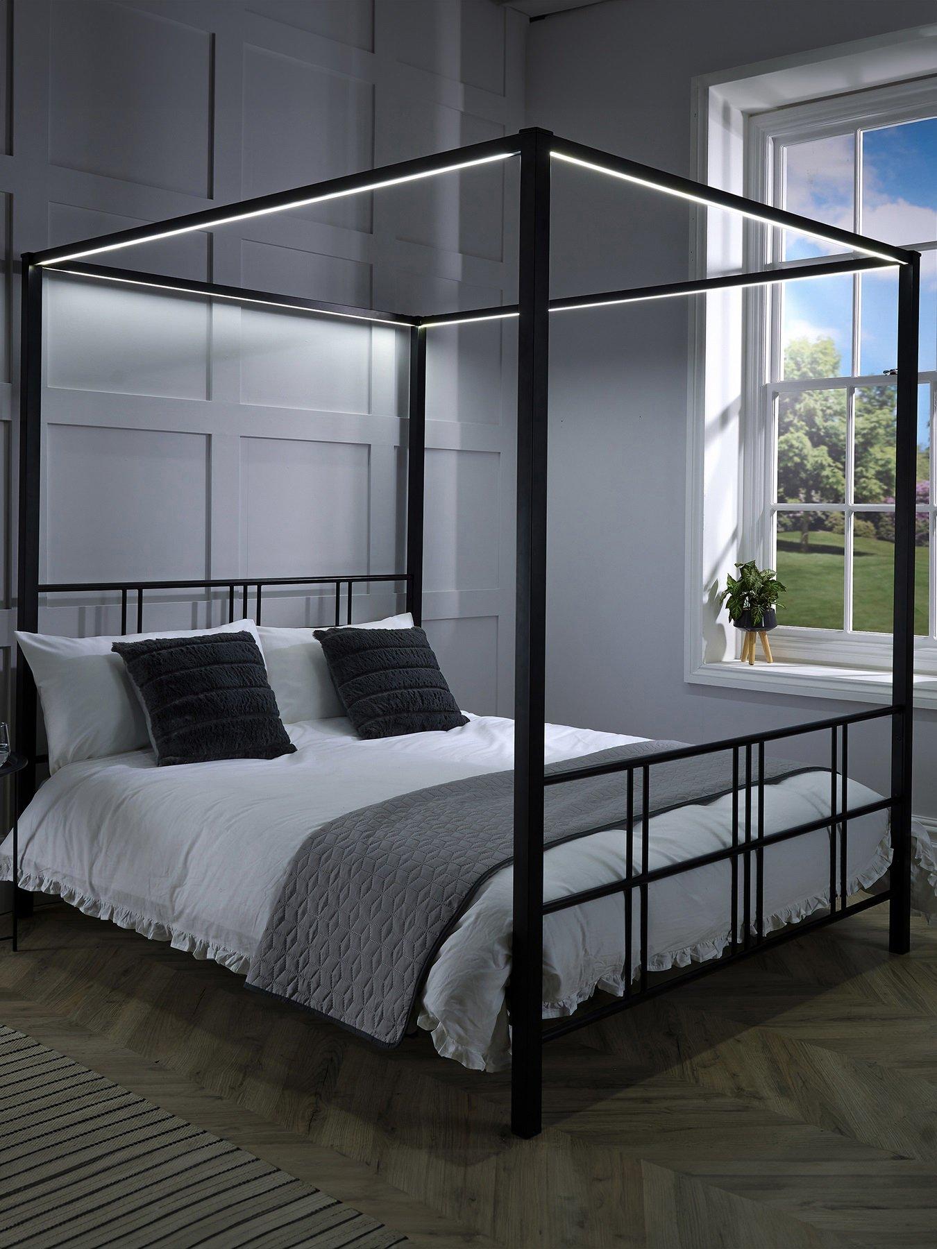 XR Living Fern 4 Poster Canopy Bed With White Soft Glow LED Light - Black