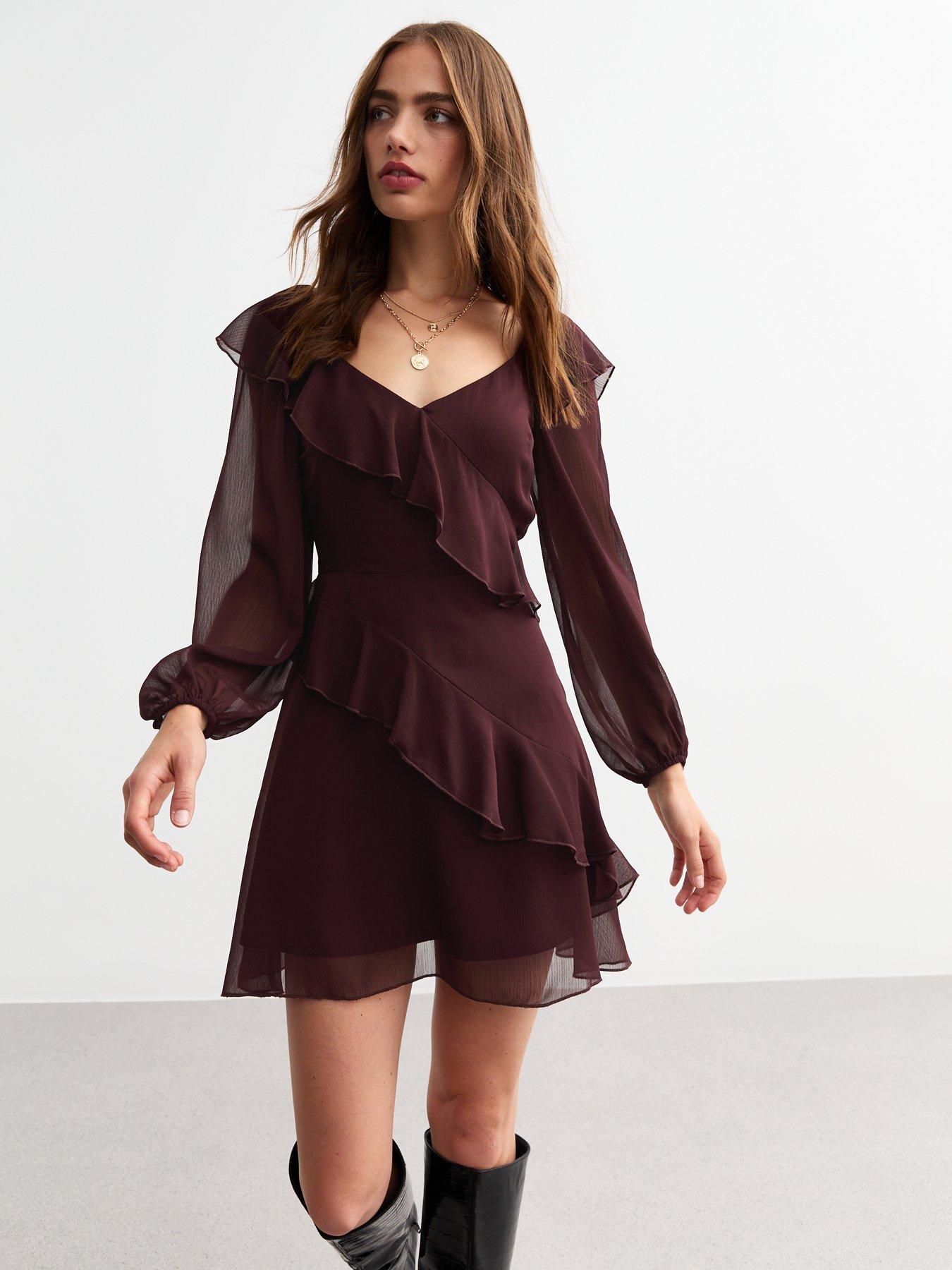 new-look-chiffon-ruffle-trim-mini-dress-dark-brown