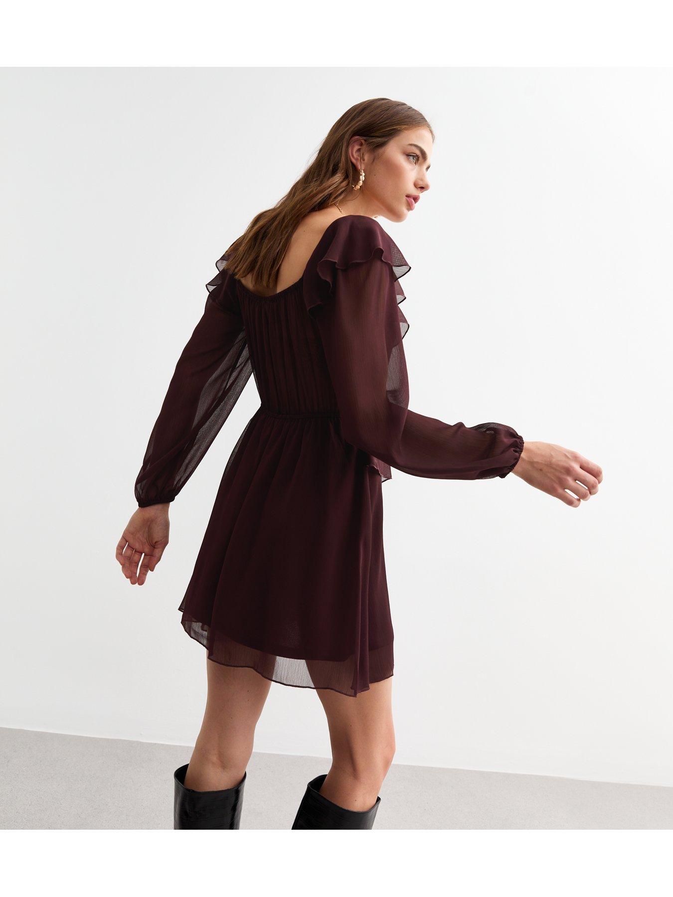 new-look-chiffon-ruffle-trim-mini-dress-dark-brownstillFront