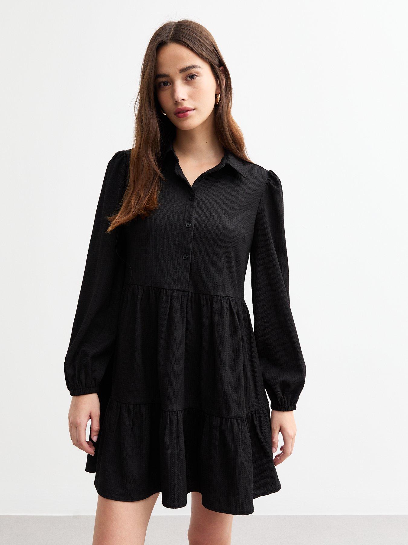 new-look-crinkle-smock-shirt-dress-black