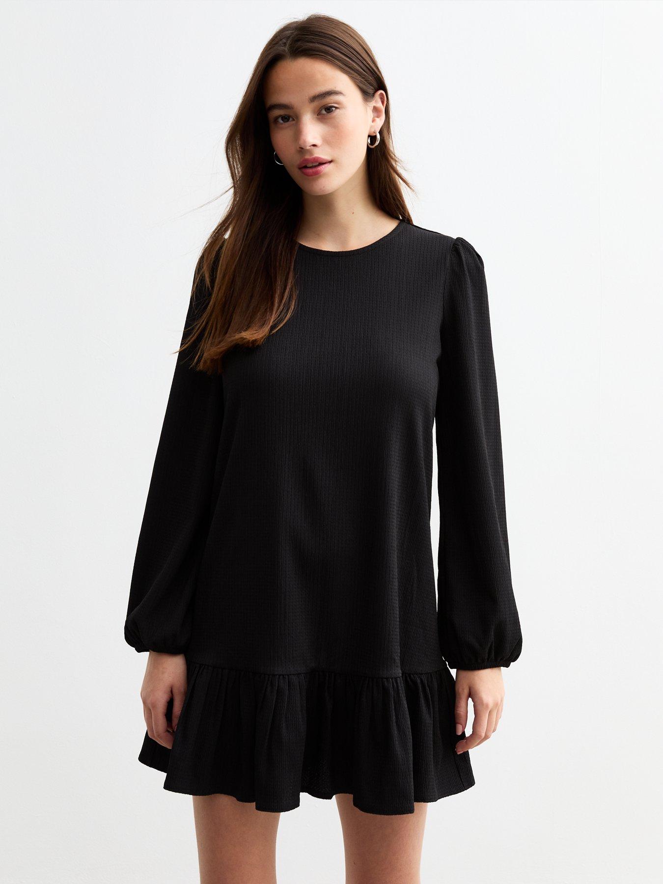 new-look-textured-frill-hem-long-sleeved-mini-dress-black