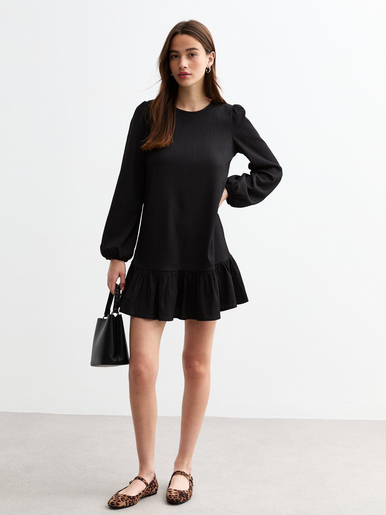 new-look-textured-frill-hem-long-sleeved-mini-dress-blackback