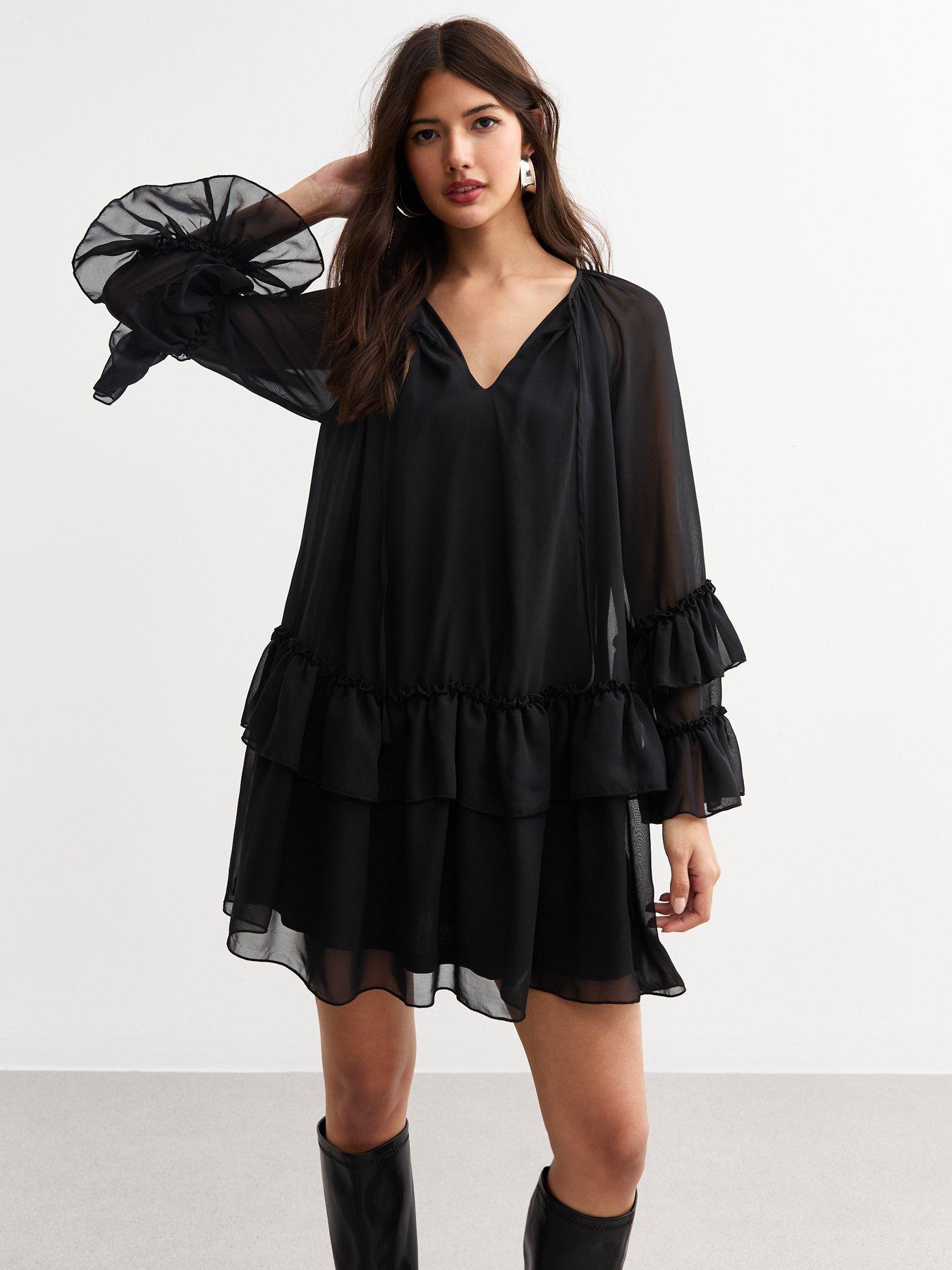 new-look-tiered-ruffled-chiffon-mini-dress-blackfront