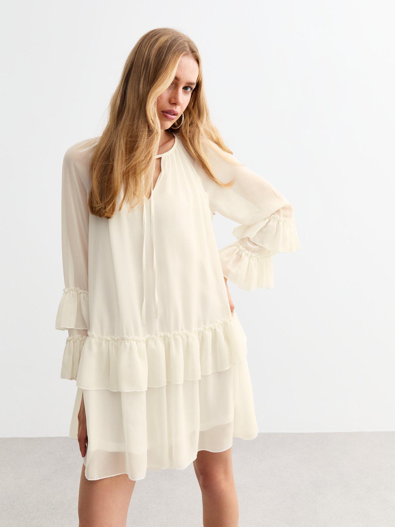 New Look Tiered Ruffled Chiffon Mini Dress - Off White