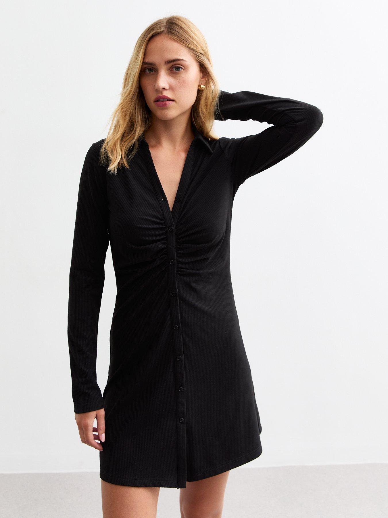 new-look-ruched-ribbed-long-sleeve-mini-shirt-dress-black