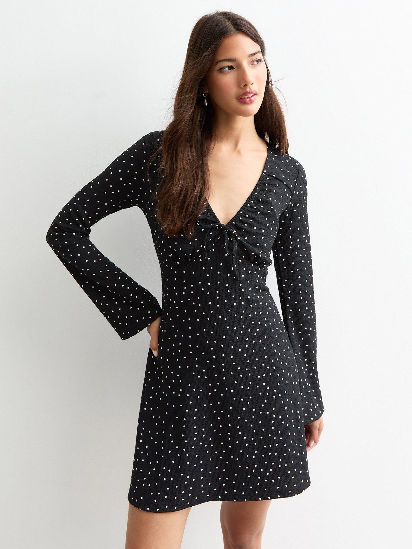 new-look-spotted-long-sleeve-skater-dress-black