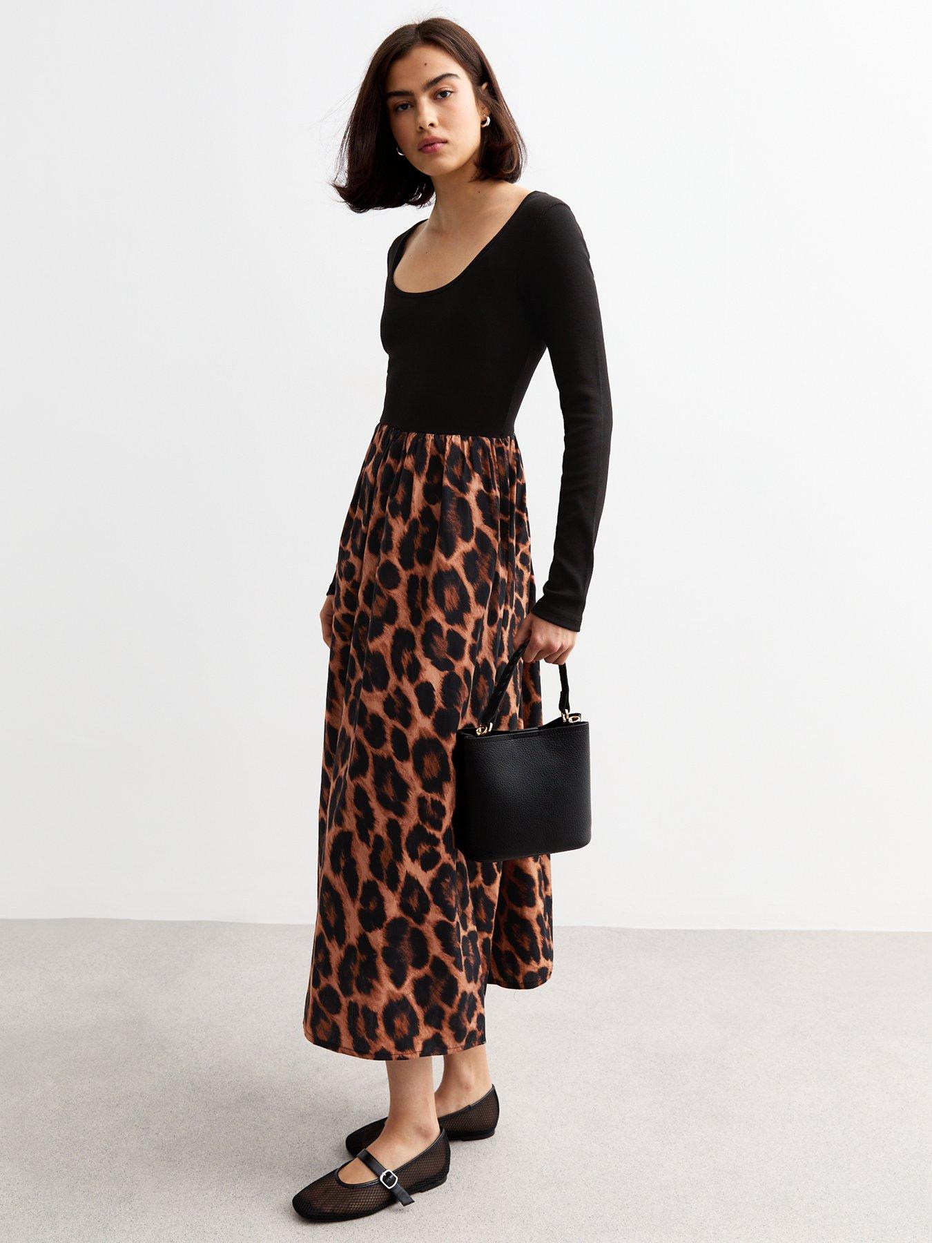 new-look-leopard-print-long-sleeve-mix-midi-dress-black