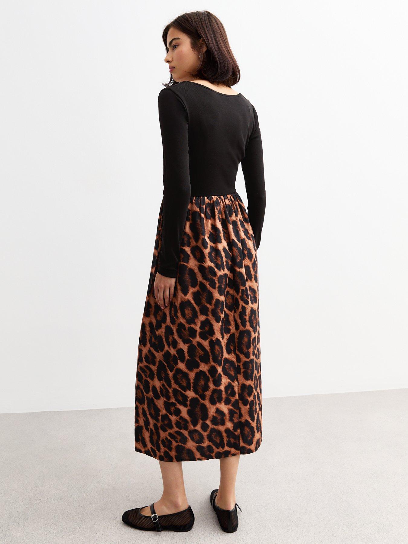 new-look-leopard-print-long-sleeve-mix-midi-dress-blackstillFront