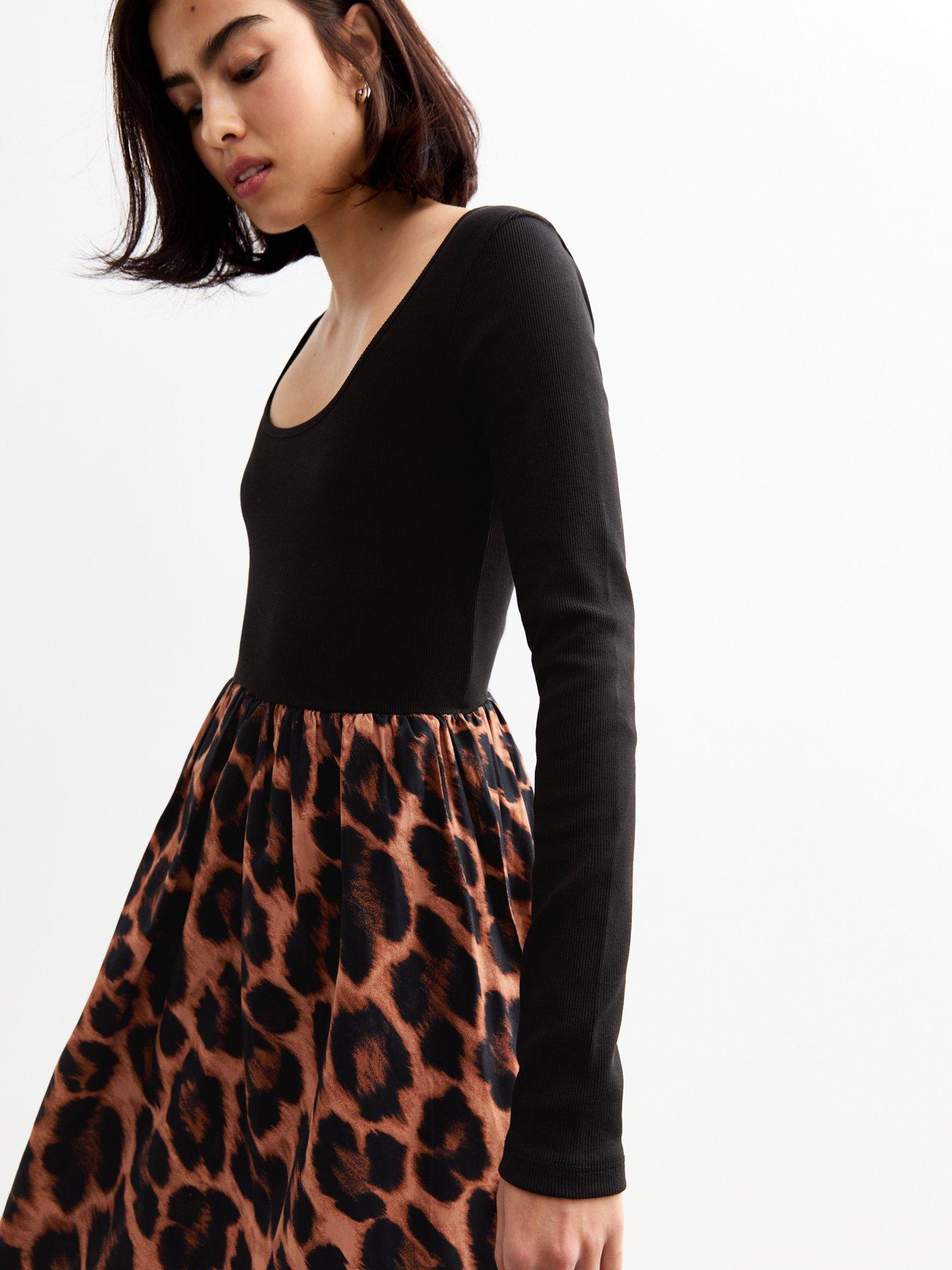 new-look-leopard-print-long-sleeve-mix-midi-dress-blackoutfit