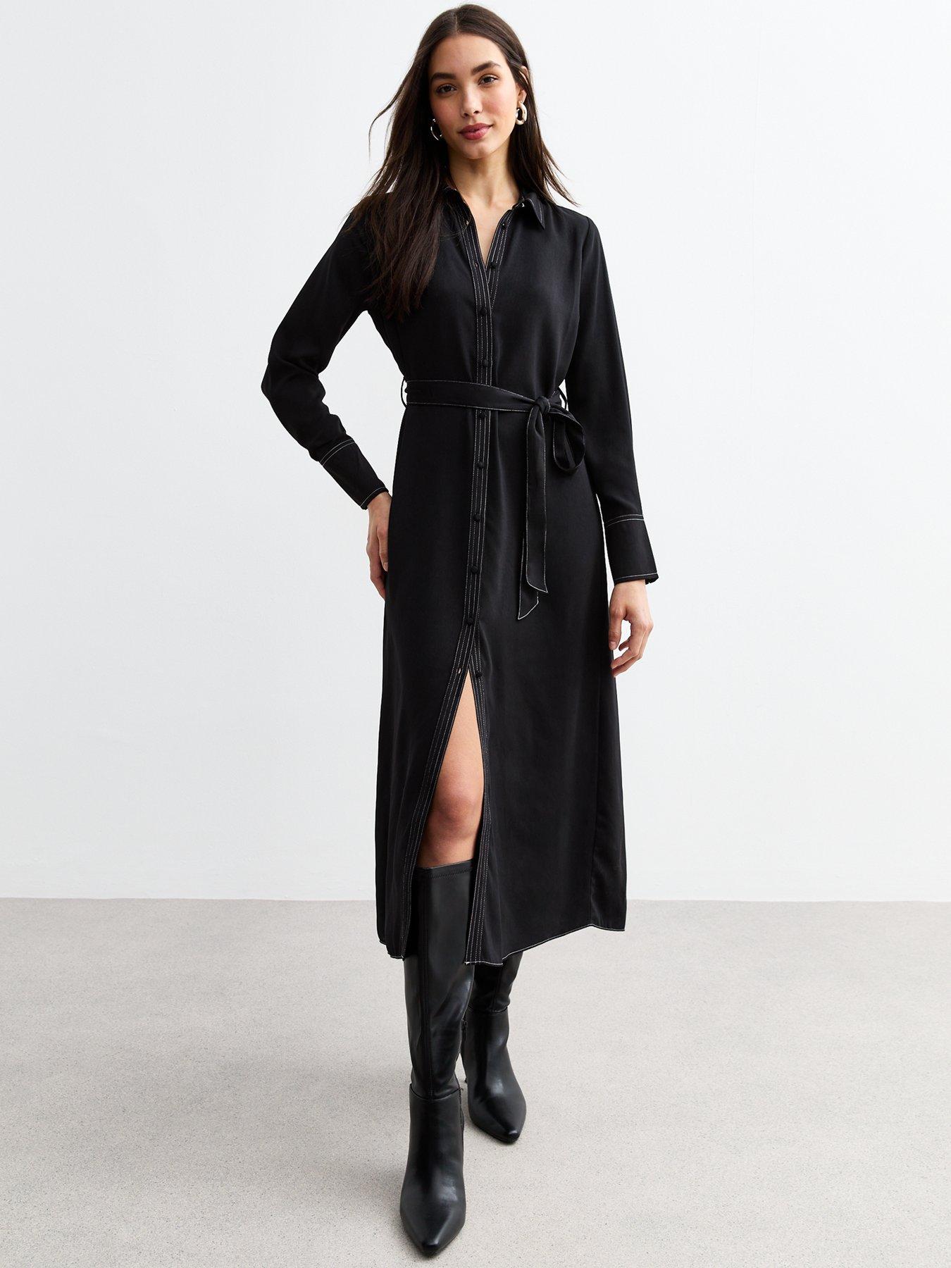 new-look-contrast-stitch-midi-shirt-dress-black