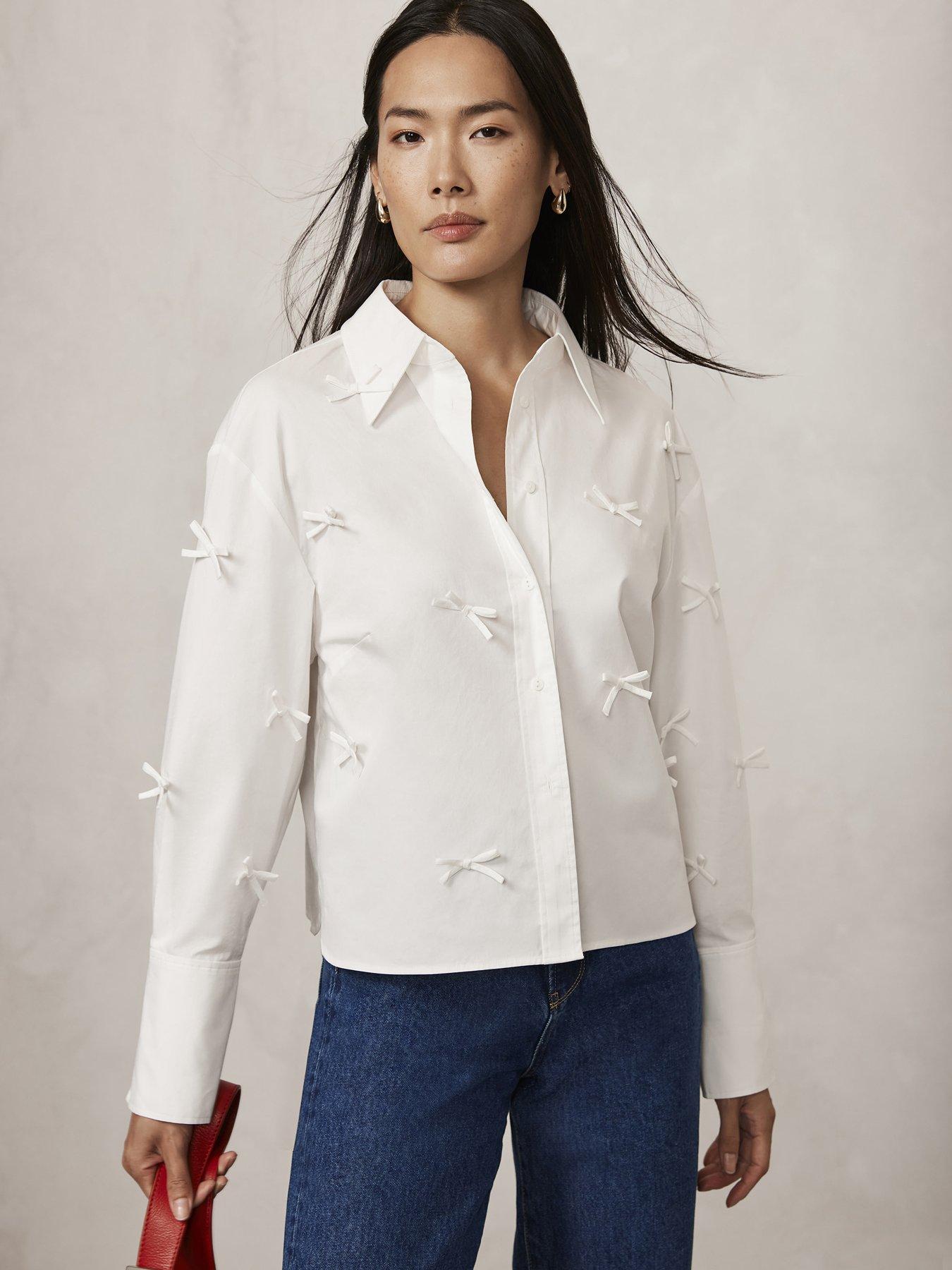 Image 1 of 6 of Mint Velvet White Bow Detail Cropped Shirt