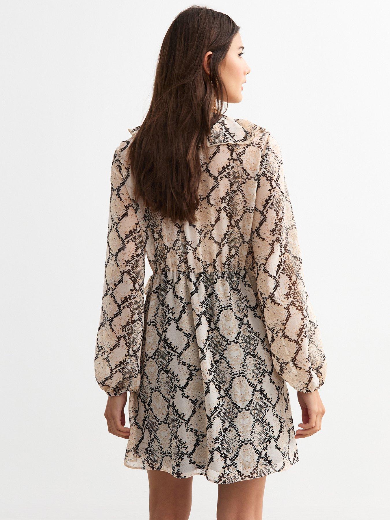 new-look-snake-print-ruffle-long-sleeve-mini-dress-brownstillFront