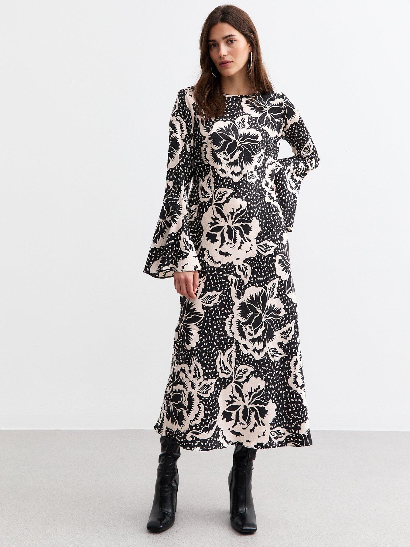 new-look-floral-print-flared-sleeve-midi-dress-blackwhite