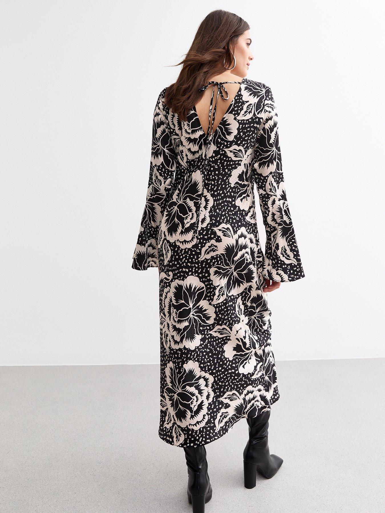 new-look-floral-print-flared-sleeve-midi-dress-blackwhitestillFront