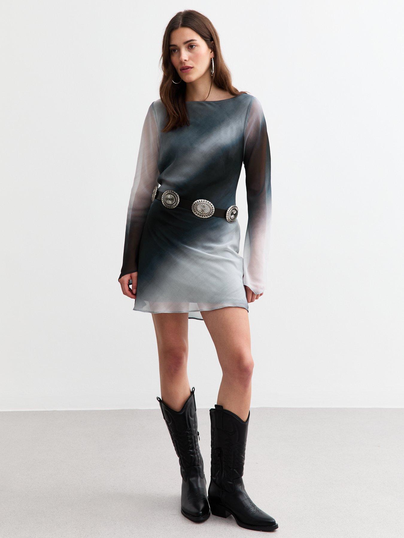 Image of New Look Grey Chiffon Ombre Flared Sleeve Mini Dress - Print