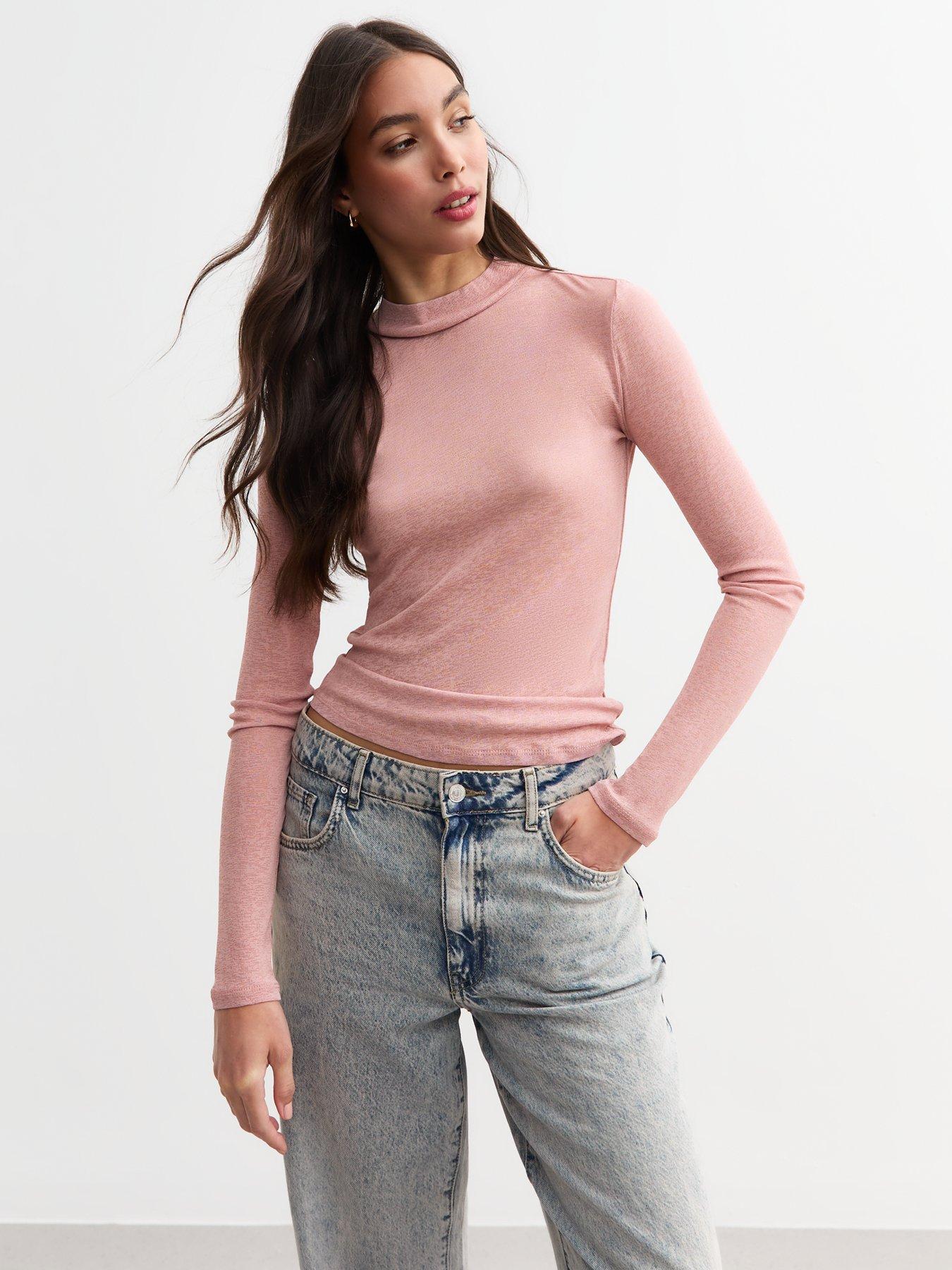 new-look-mesh-high-neck-long-sleeve-top-pink