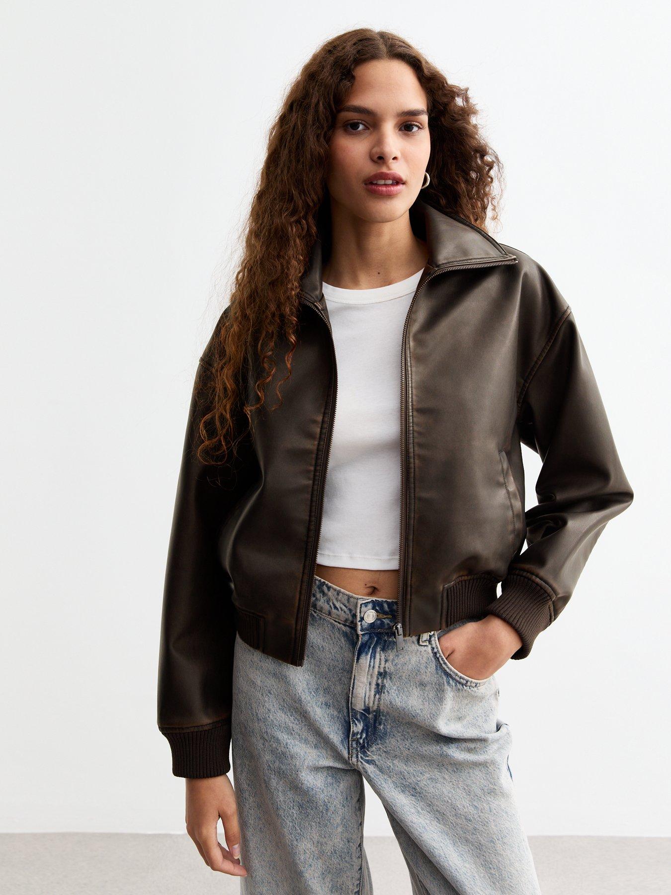 new-look-dark-brown-faux-leather-bomber-jacket