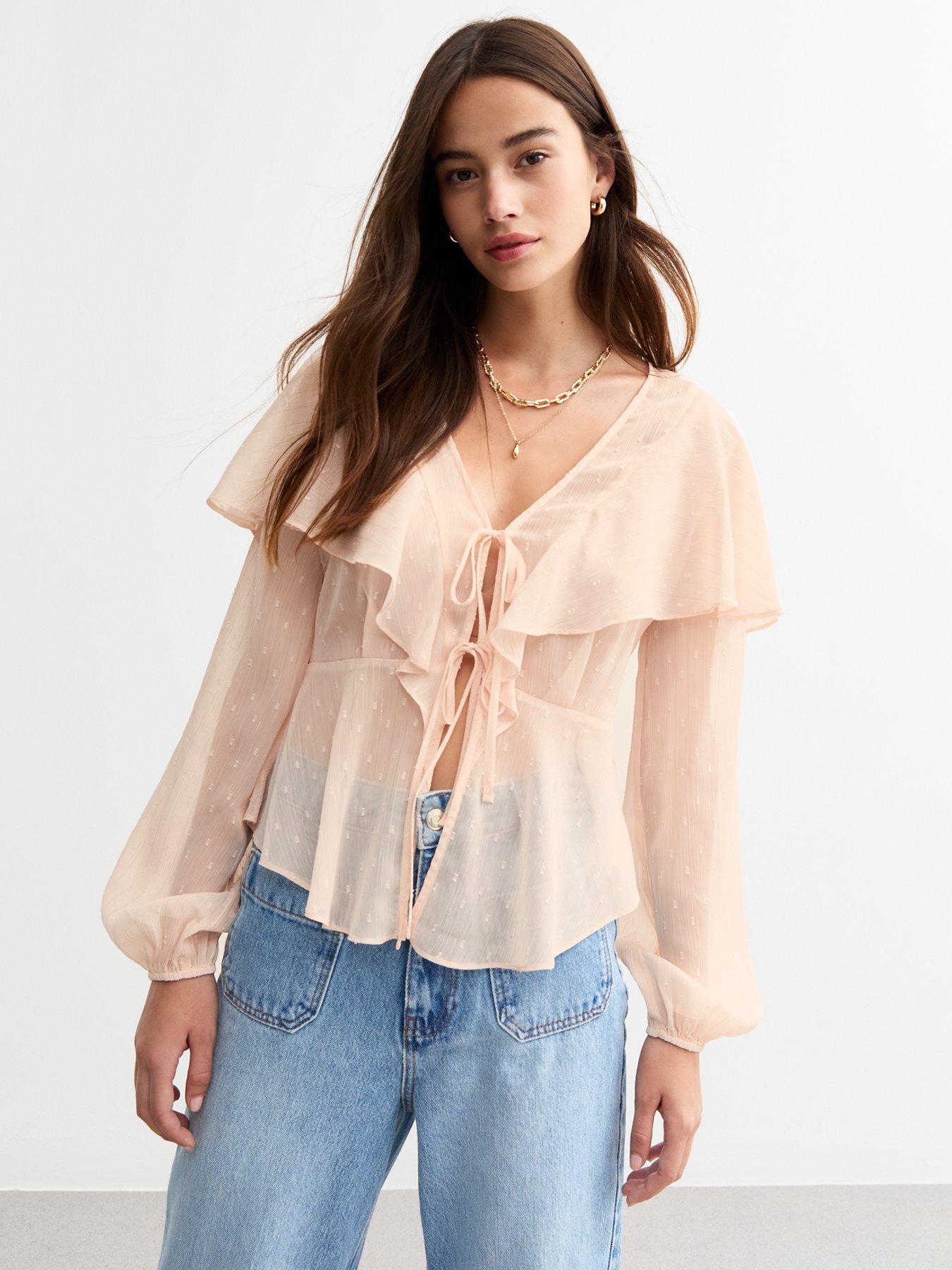 New Look Pale Chiffon Ruffle Trim Tie Front Blouse - Pink