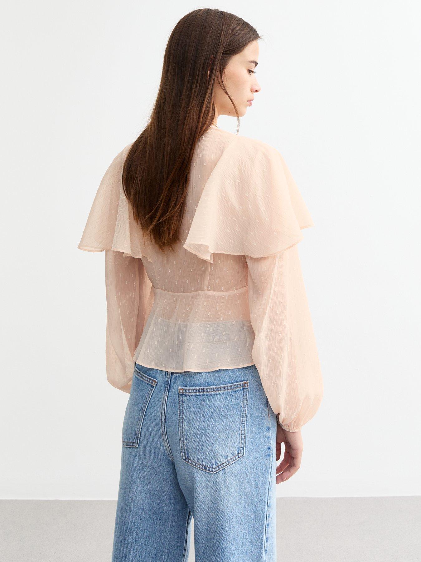 Image 2 of 4 of New Look Pale Chiffon Ruffle Trim Tie Front Blouse - Pink