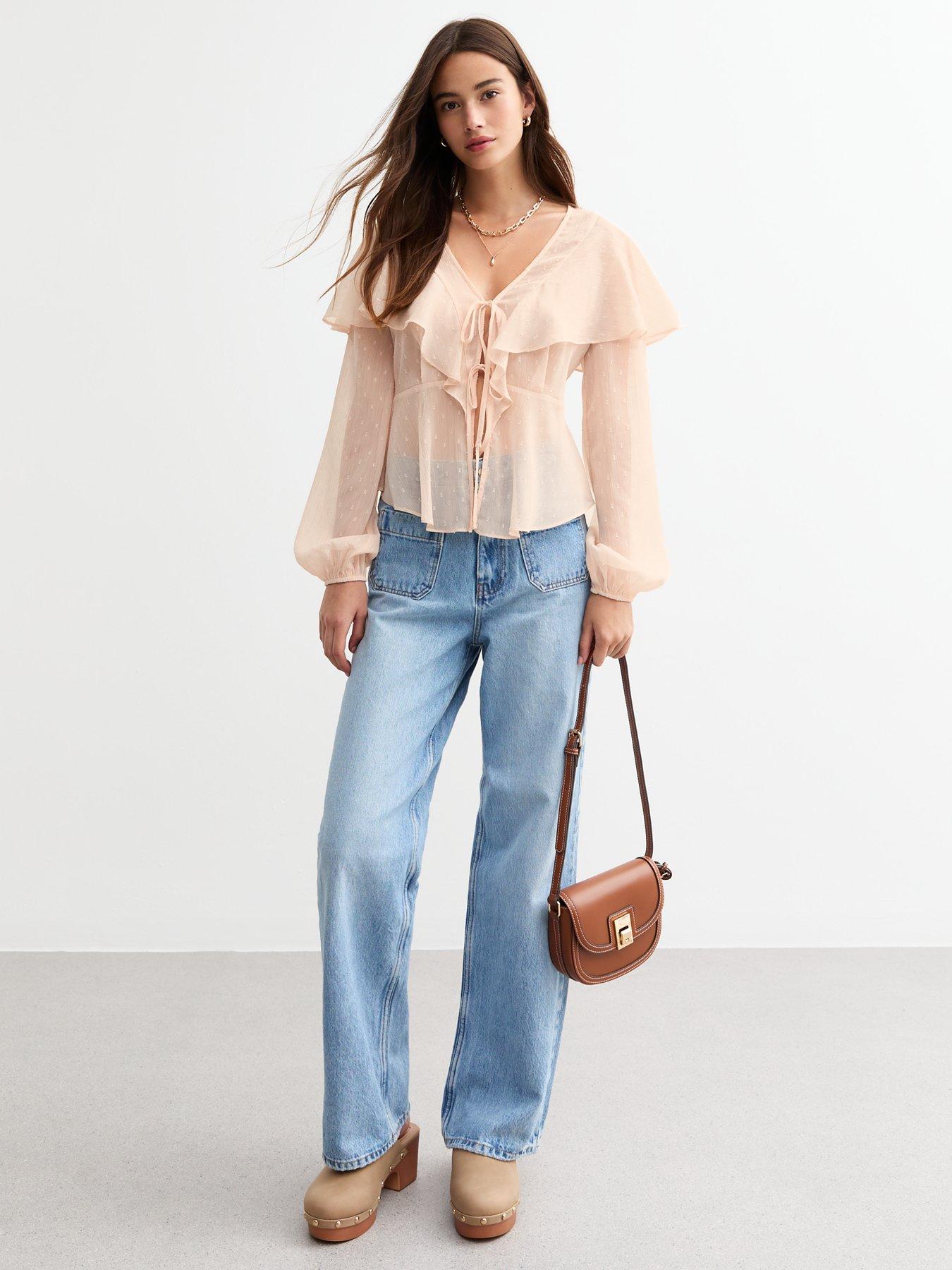 Image 3 of 4 of New Look Pale Chiffon Ruffle Trim Tie Front Blouse - Pink