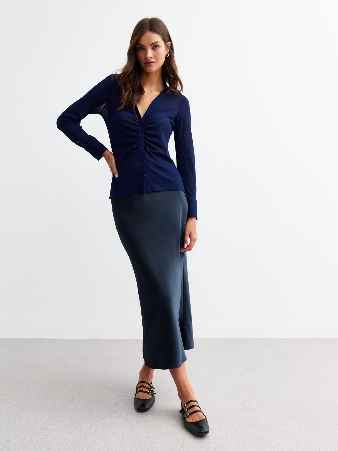 undefined Satin Bias Cut Midi Skirt - Navy Blue