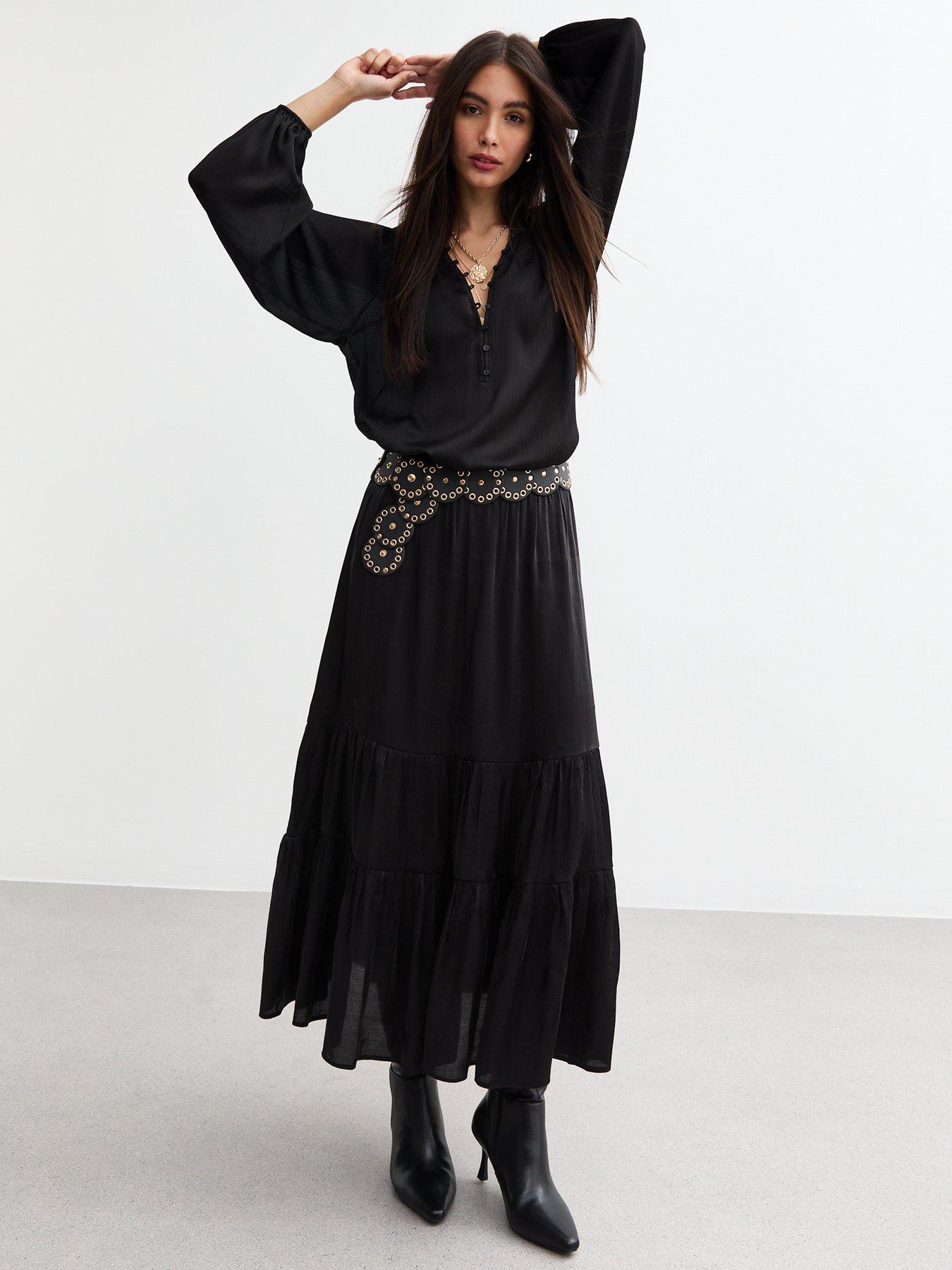 new-look-glossy-satin-tiered-midi-skirt-blackfront