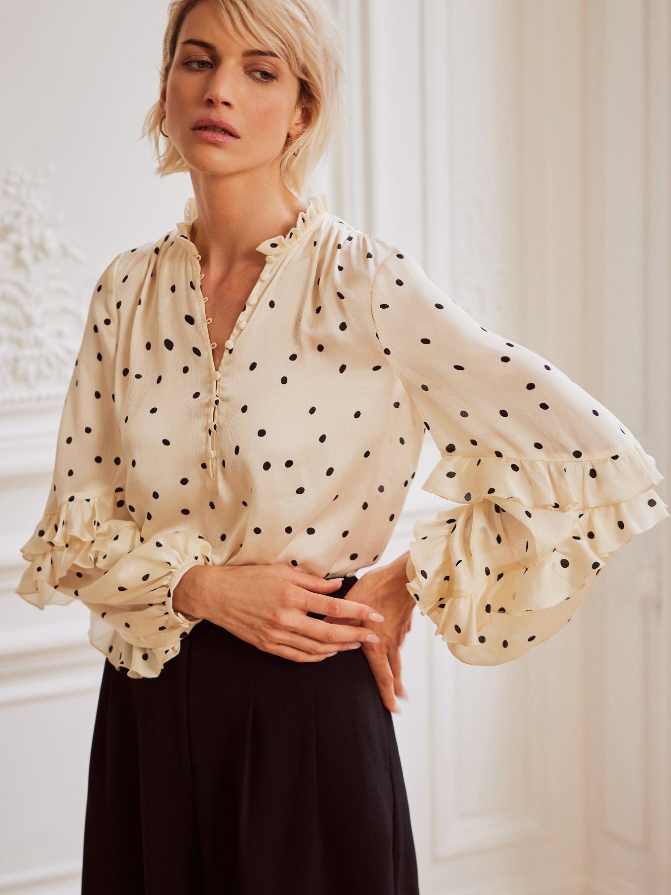 mint-velvet-cream-polka-dot-print-ruffle-blouse