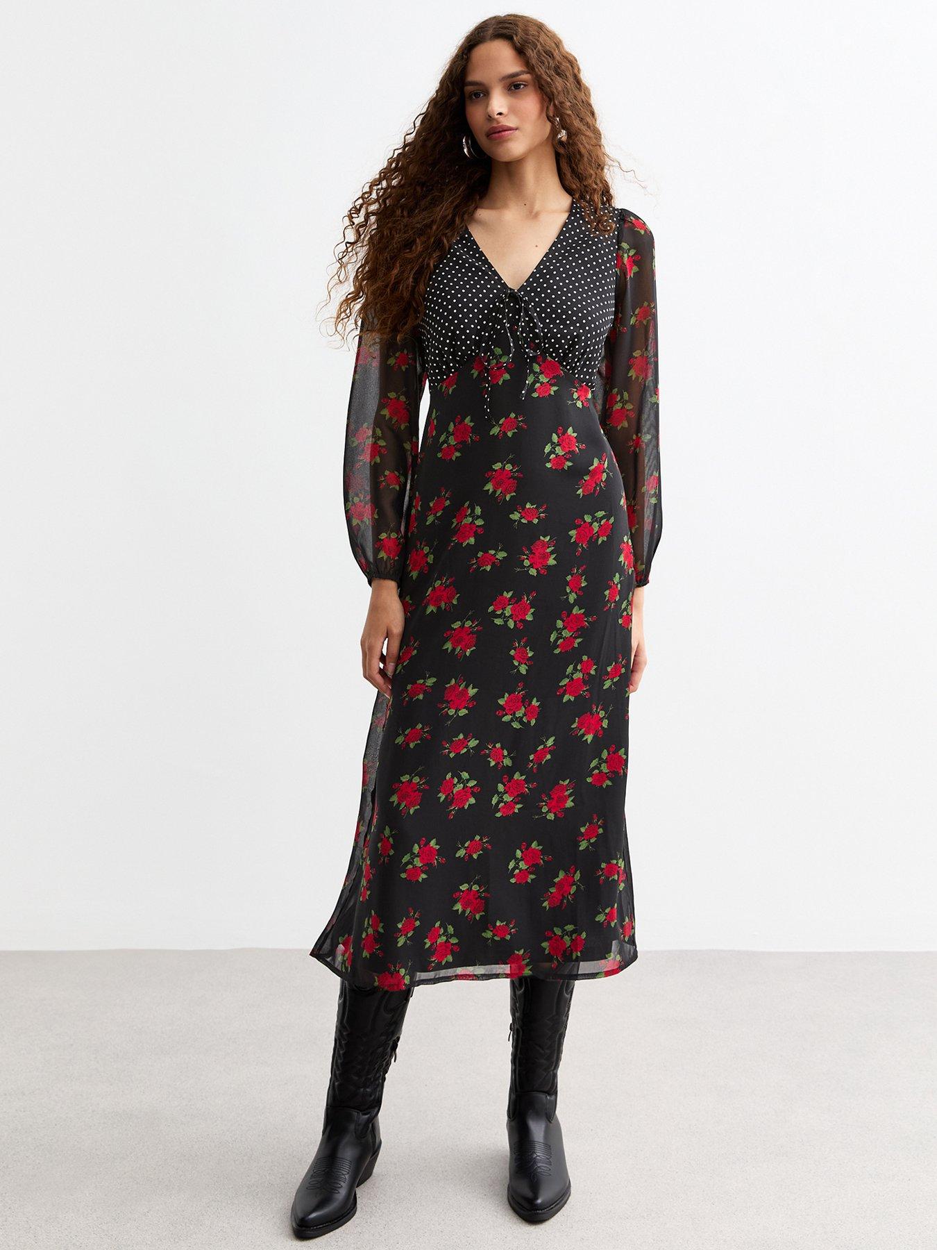 Image of New Look Mixed Print A Line Midi Dress - Black
