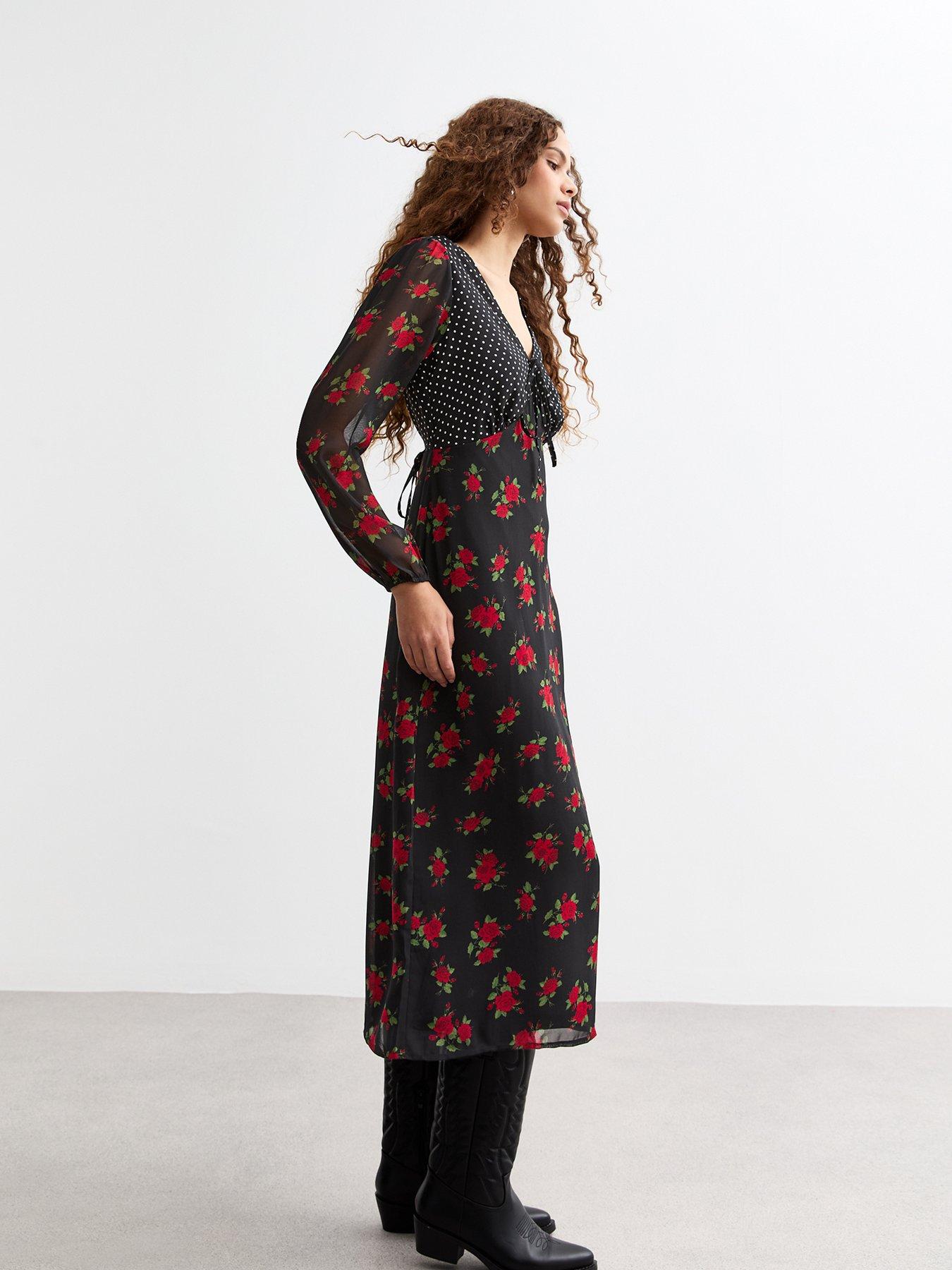 new-look-mixed-print-a-line-midi-dress-blackdetail