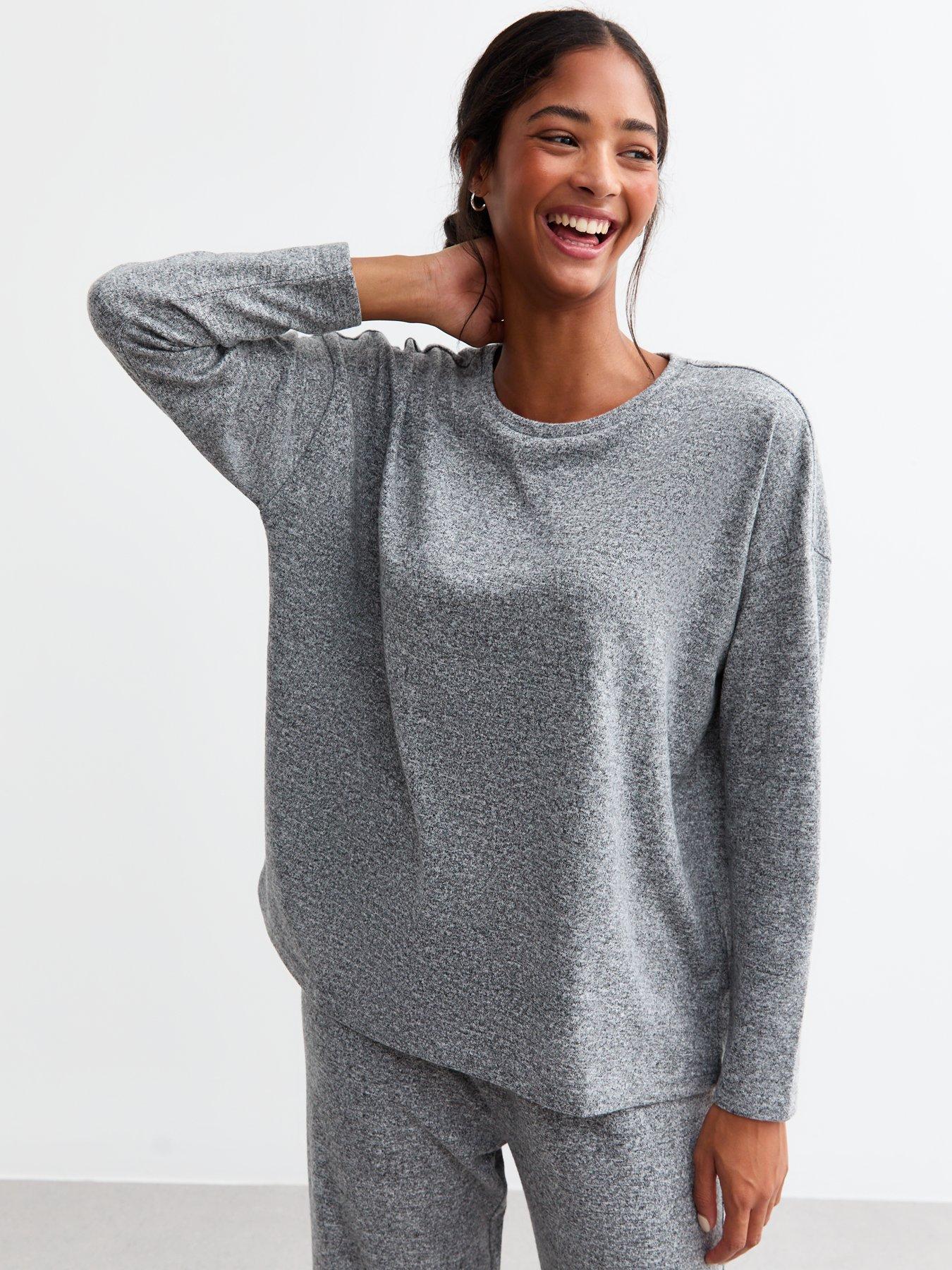 new-look-dark-grey-melange-long-sleeve-pyjama-topfront