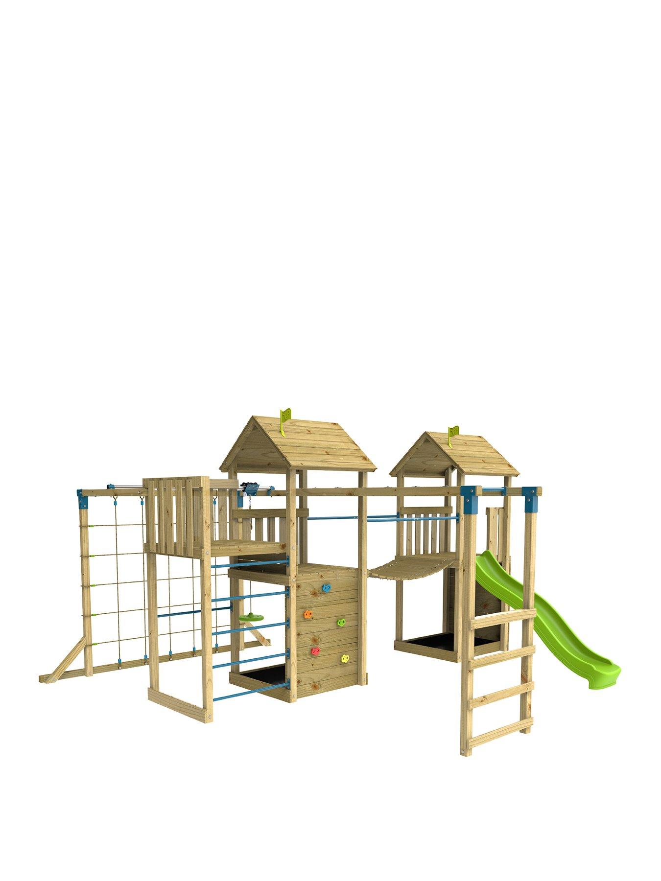 tp-skywood-wooden-climbing-frame-including-two-towers-zipline-amp-slide