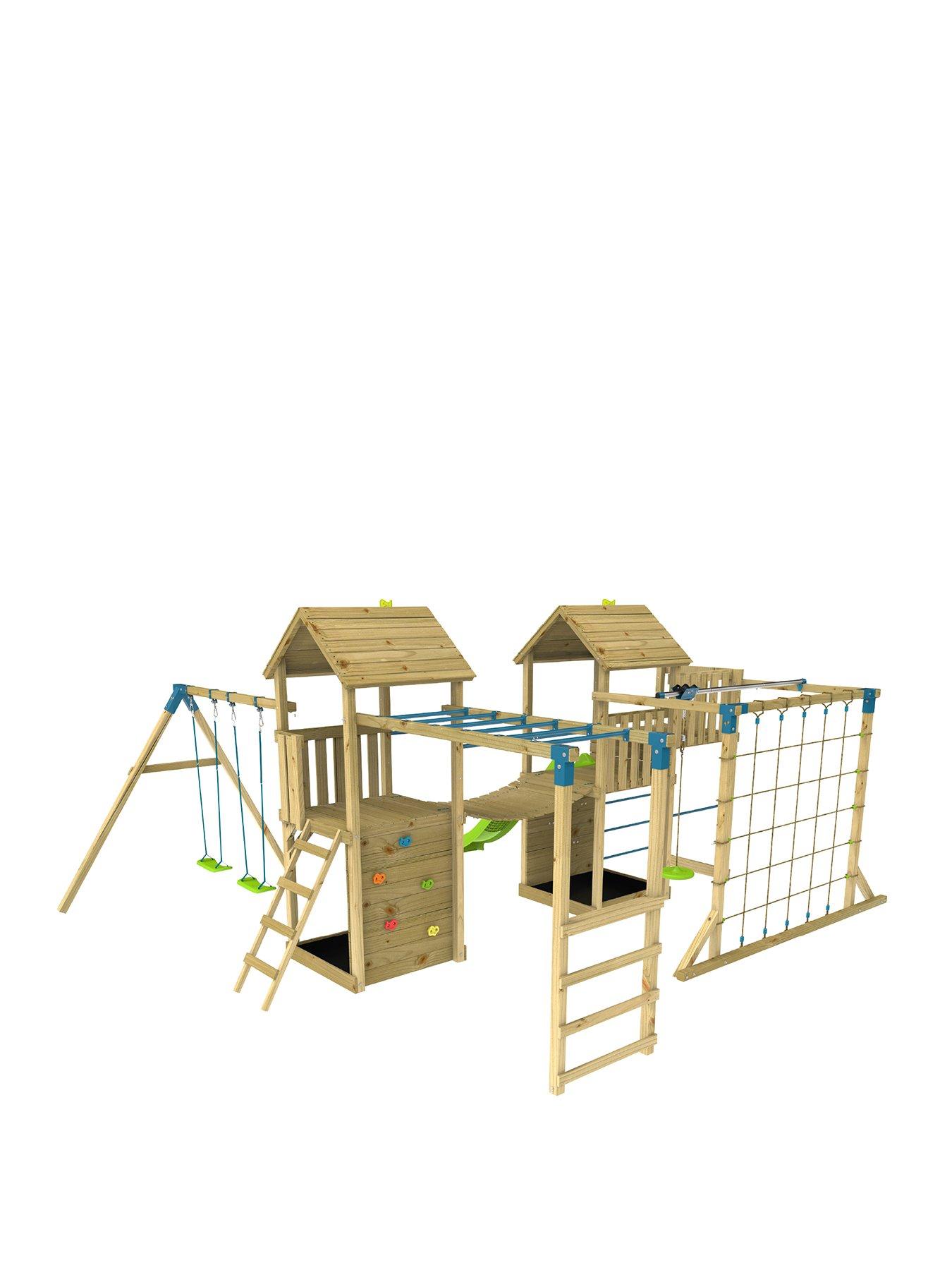 tp-skywood-wooden-climbing-frame-including-two-towers-zipline-double-swings