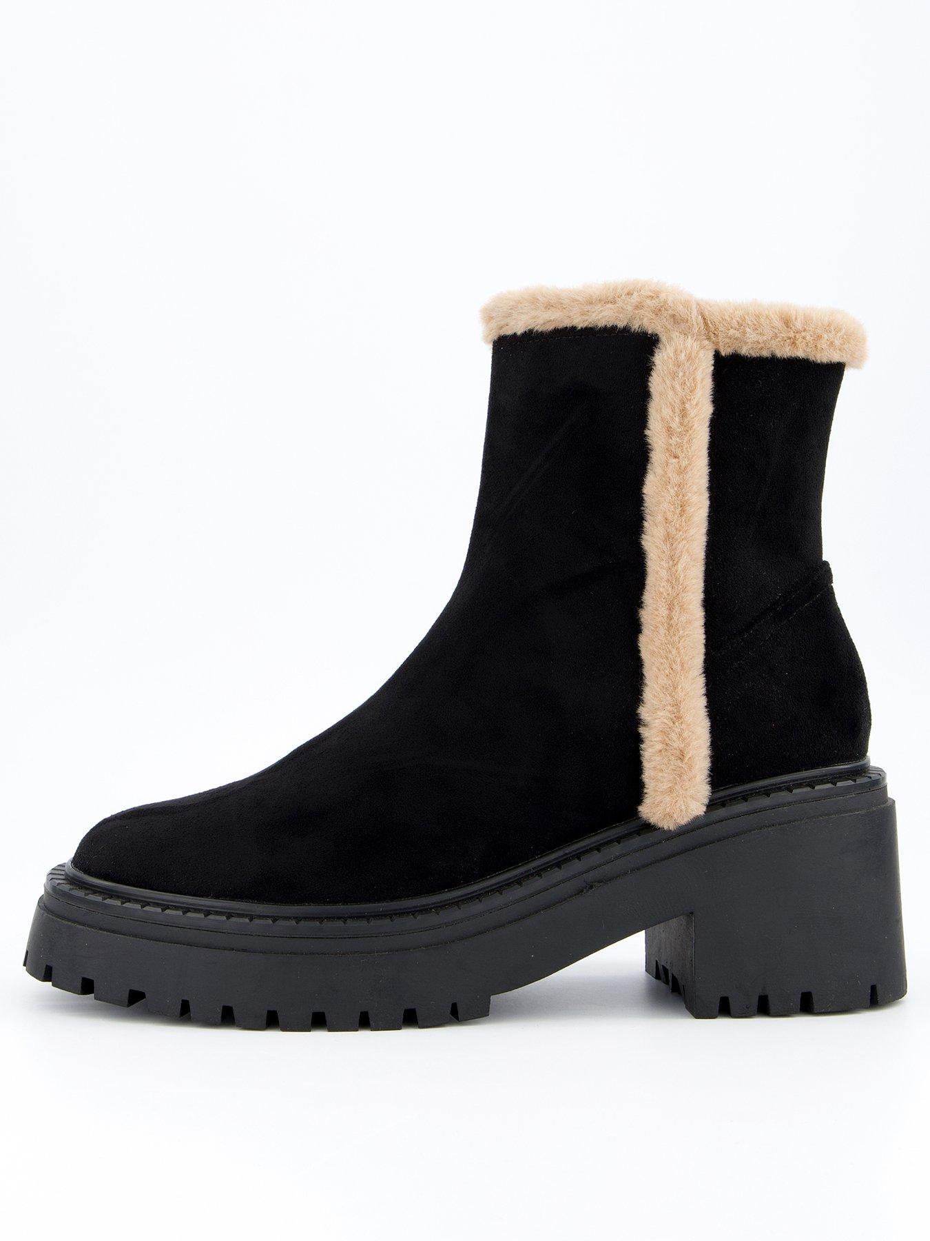 V by Very Faux Fur Ankle Boot - Black