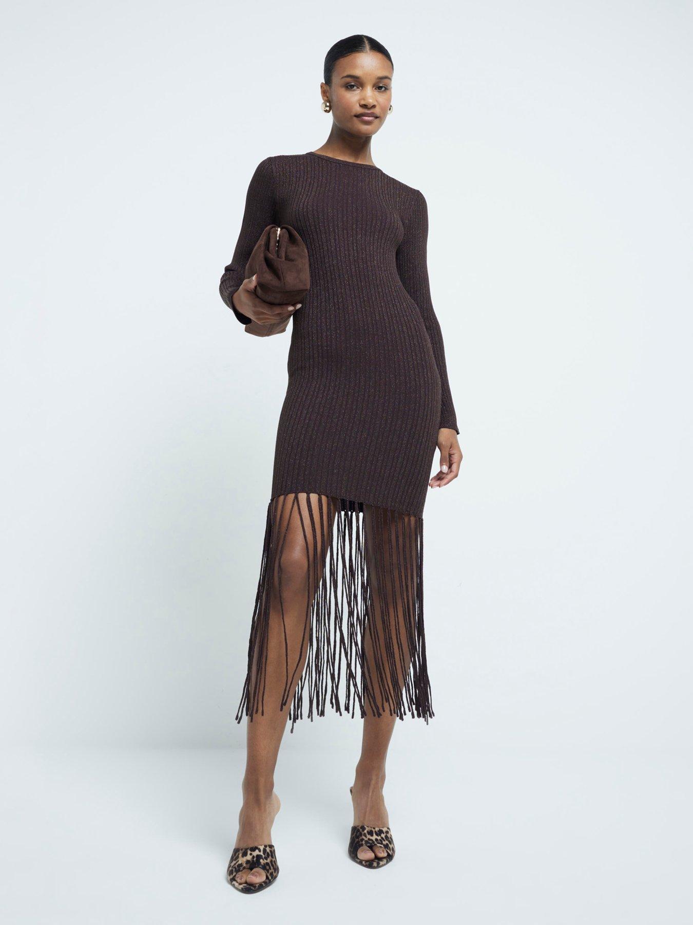 Image 1 of 6 of River Island Fringe Midi Dress - Brown Metallic