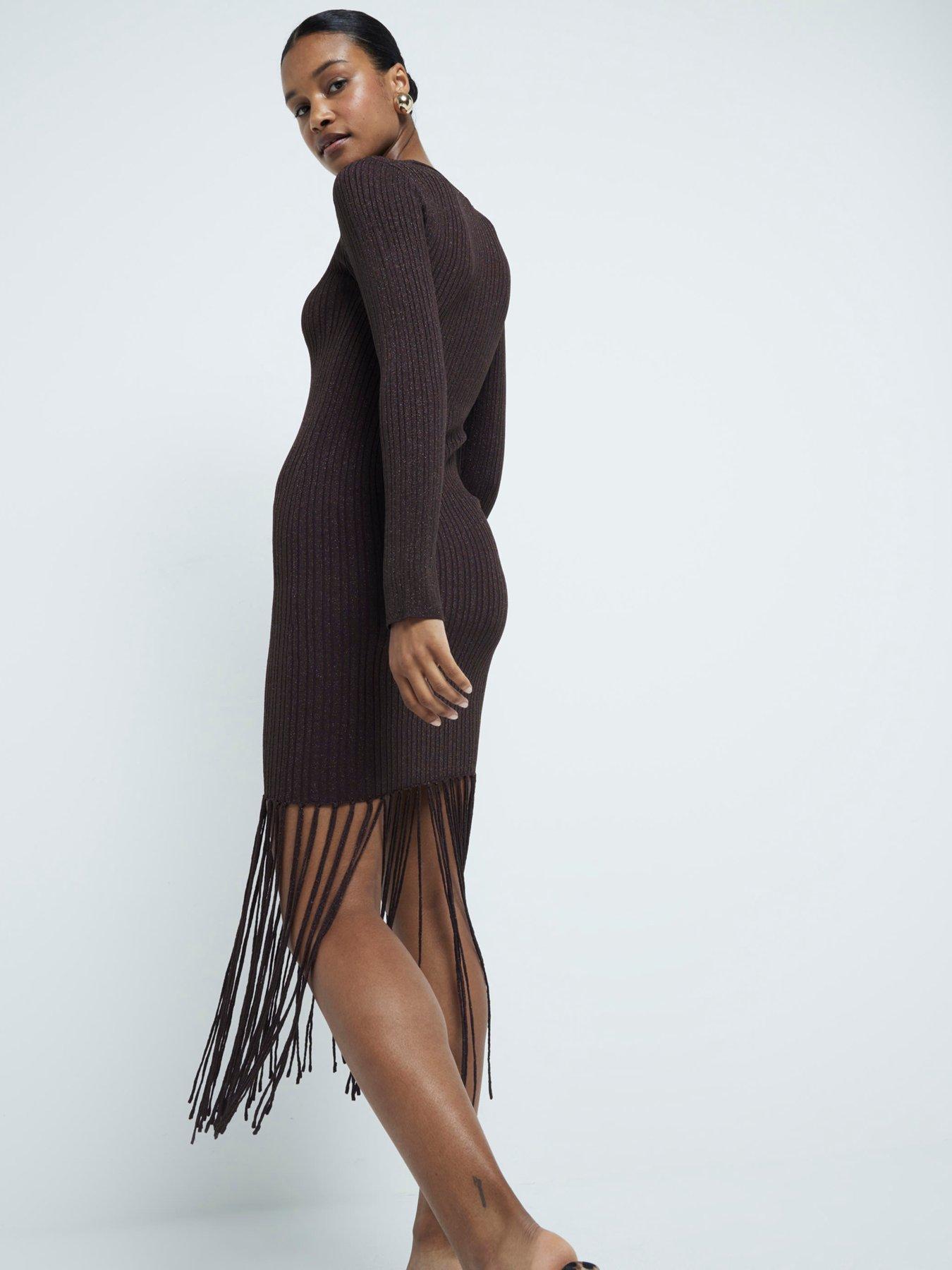 Image 2 of 6 of River Island Fringe Midi Dress - Brown Metallic
