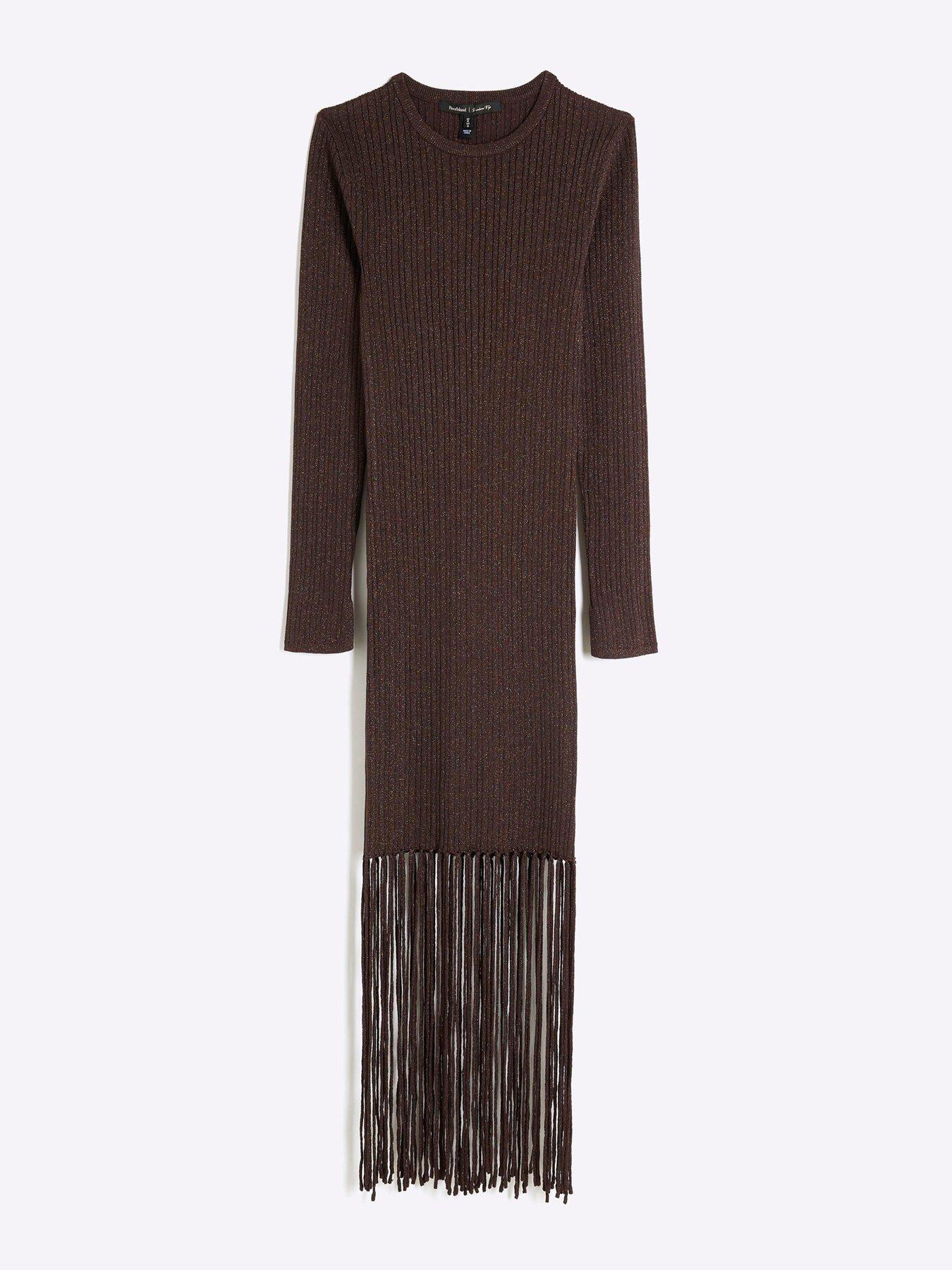 Image 5 of 6 of River Island Fringe Midi Dress - Brown Metallic