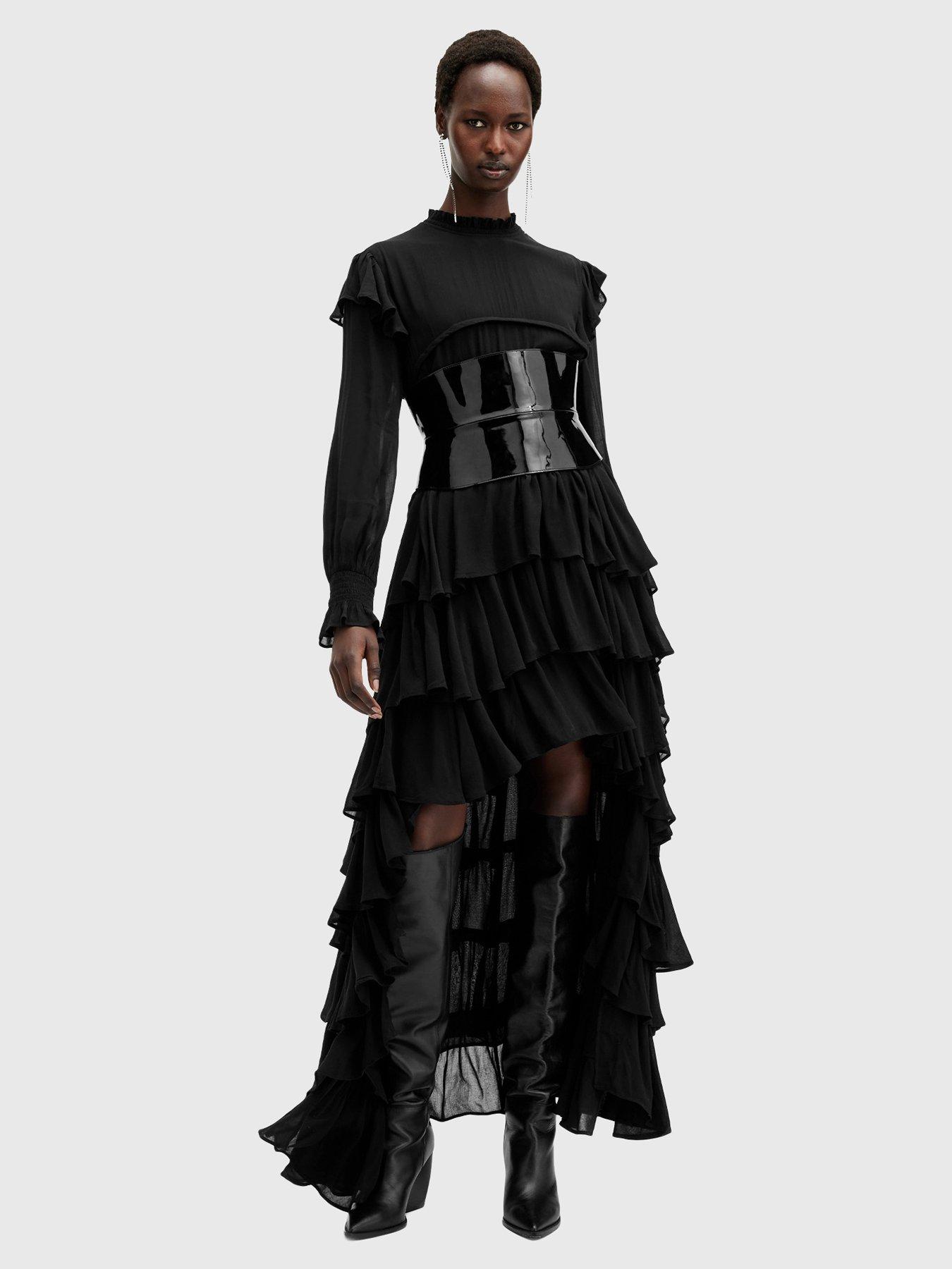 Image 1 of 6 of AllSaints Cavalry Long Sleeve Ruffle Maxi Dress - Black