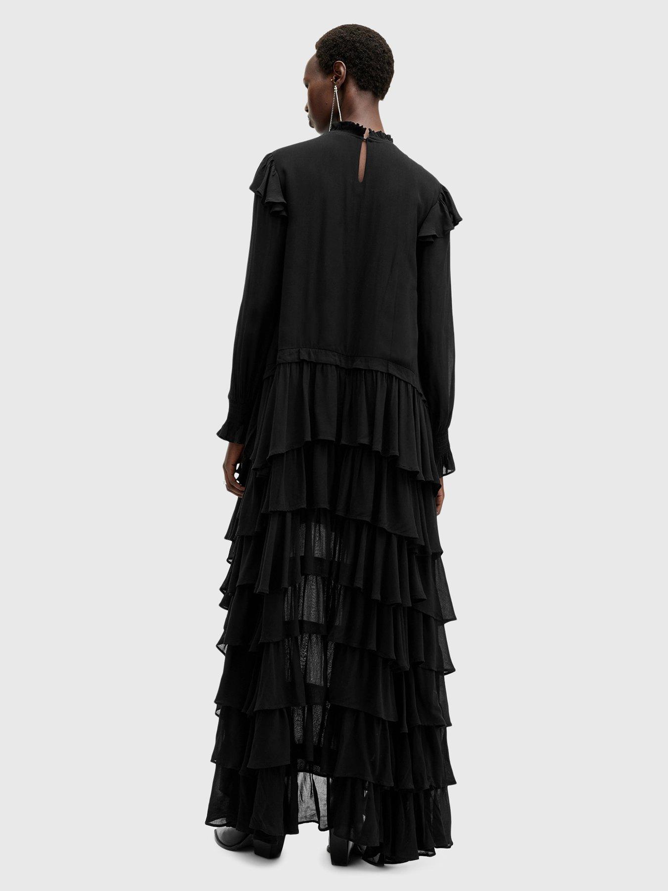 Image 2 of 6 of AllSaints Cavalry Long Sleeve Ruffle Maxi Dress - Black