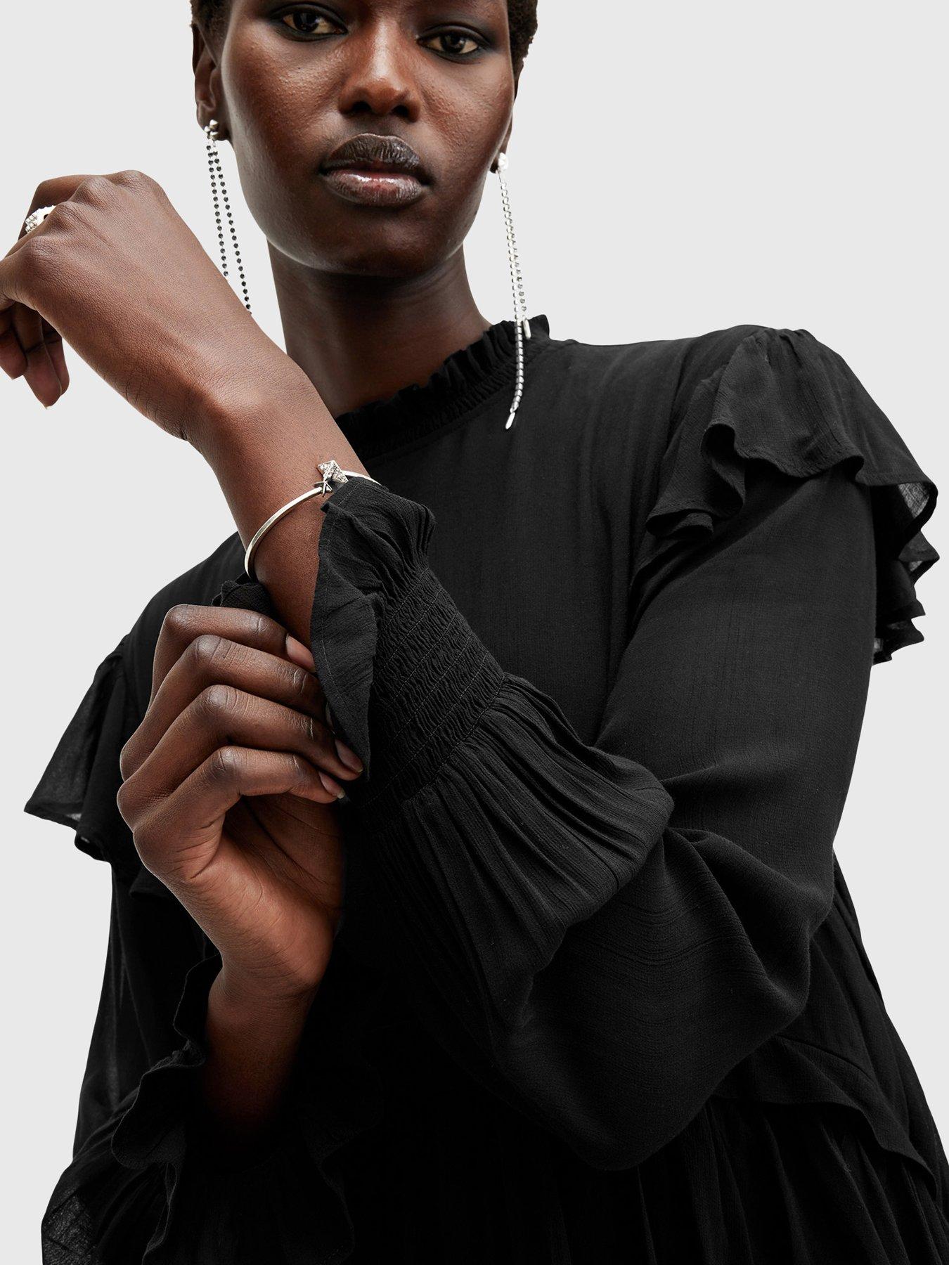Image 3 of 6 of AllSaints Cavalry Long Sleeve Ruffle Maxi Dress - Black