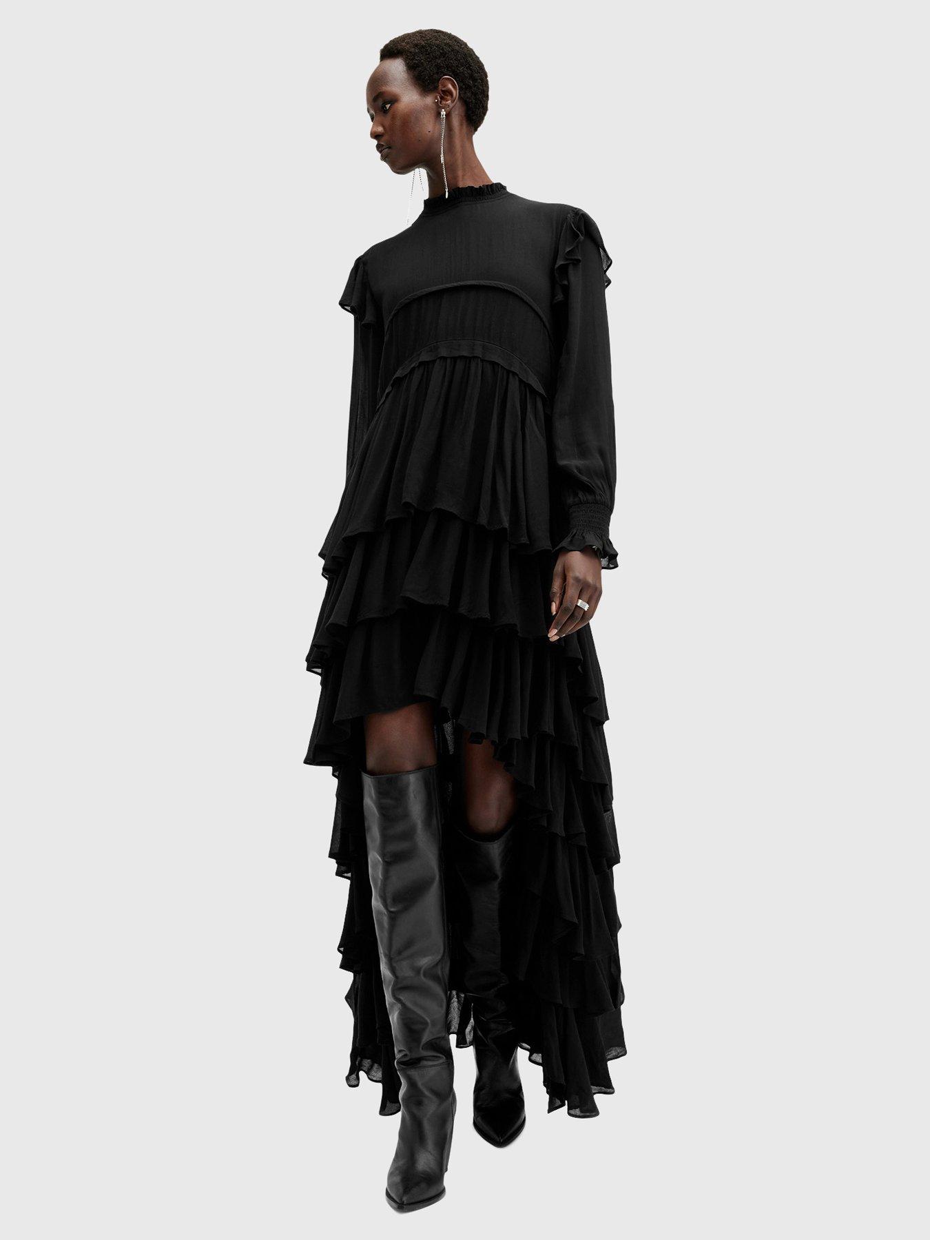 Image 5 of 6 of AllSaints Cavalry Long Sleeve Ruffle Maxi Dress - Black