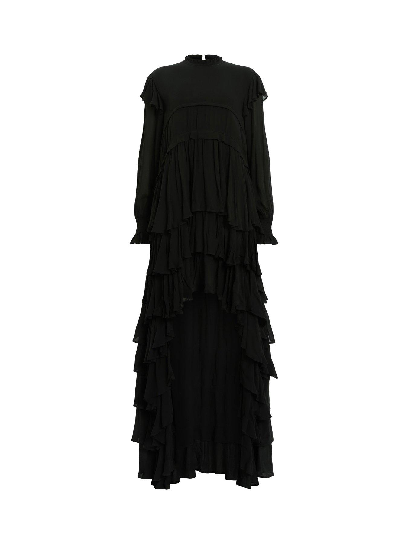 Image 6 of 6 of AllSaints Cavalry Long Sleeve Ruffle Maxi Dress - Black