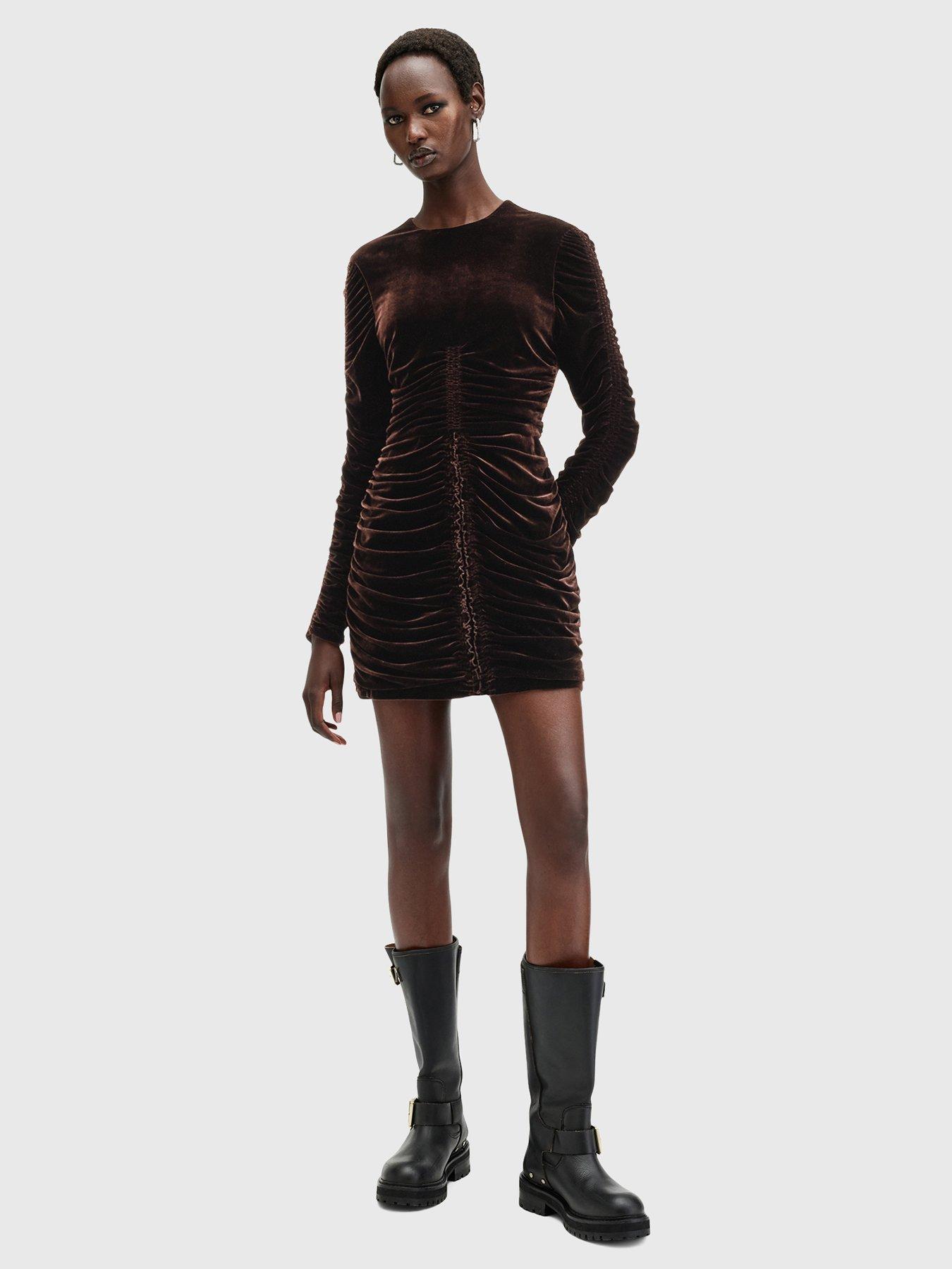 allsaints-eris-ruched-velvet-mini-dress-brownback