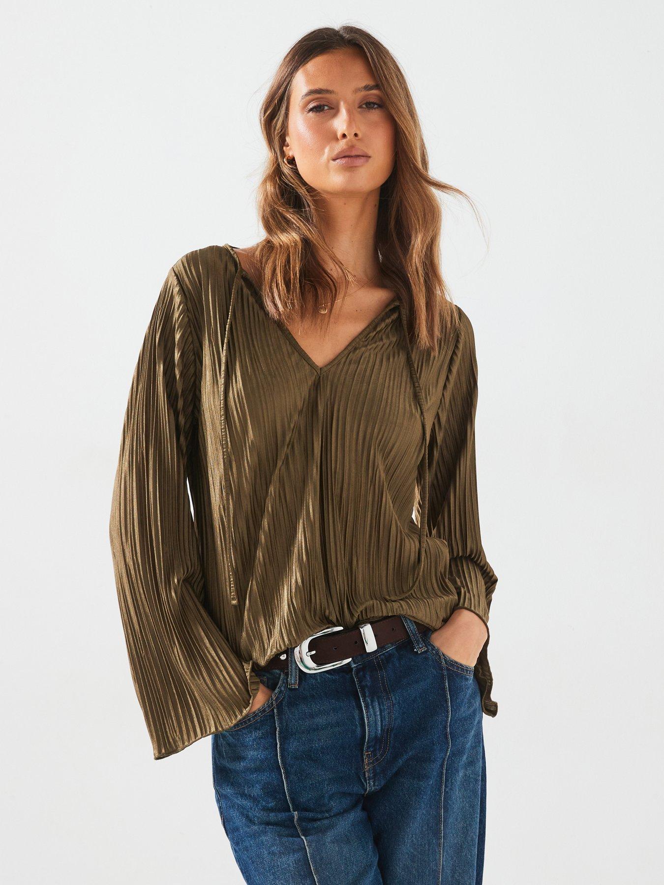 v-by-very-fluted-sleeve-frill-top-olivefront