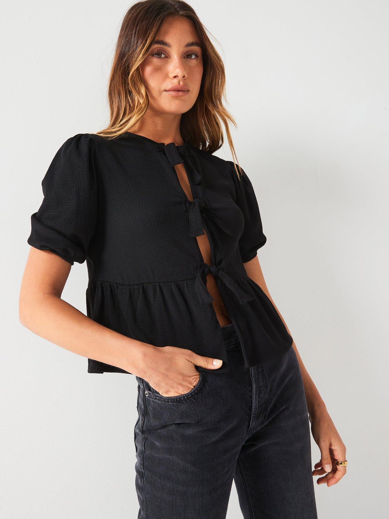 v-by-very-puff-sleeve-tie-detail-top-black