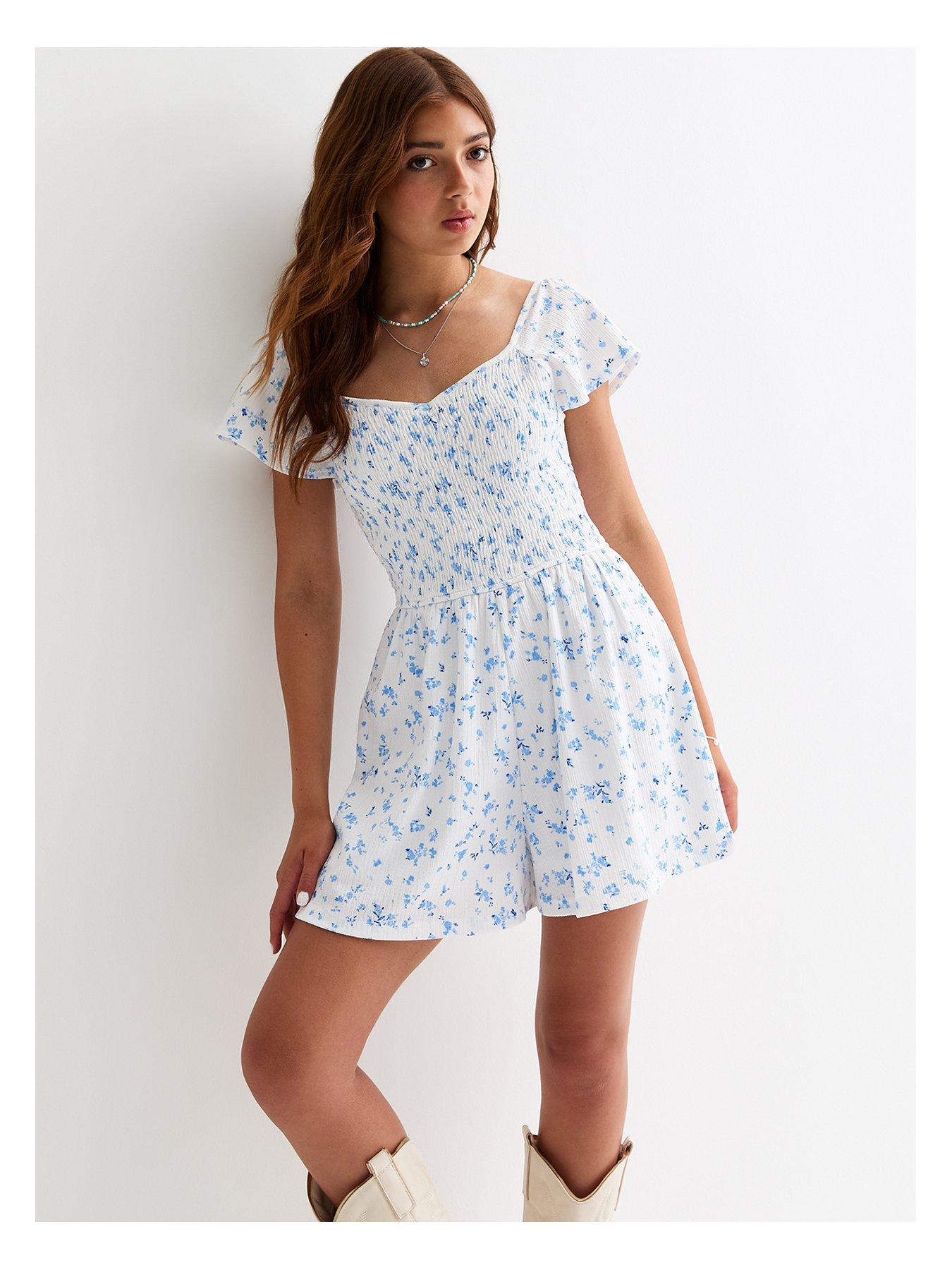 new-look-915-girls-white-shirred-floral-playsuit