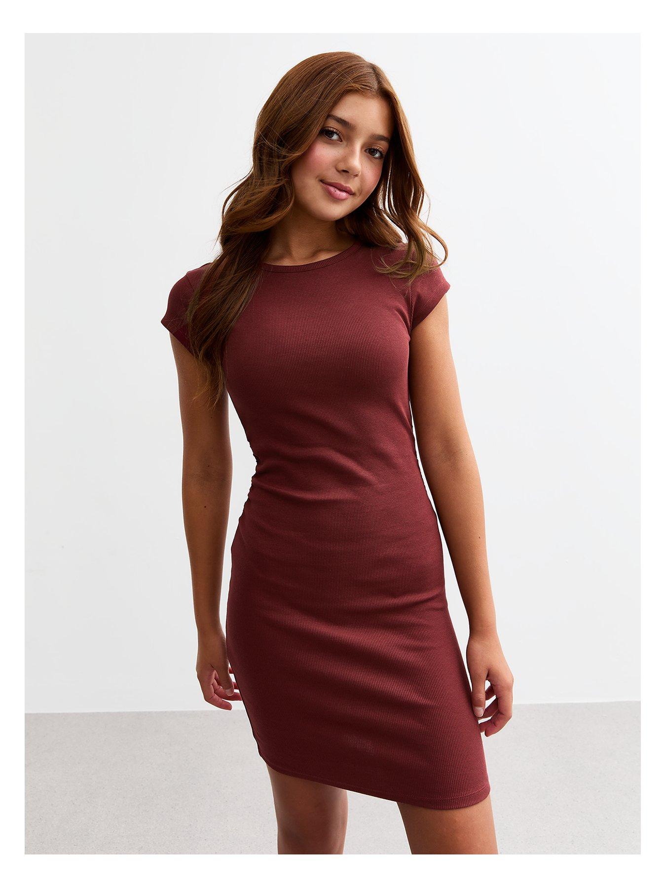 new-look-915-girls-burgundy-cap-sleeve-ruched-ribbed-dress